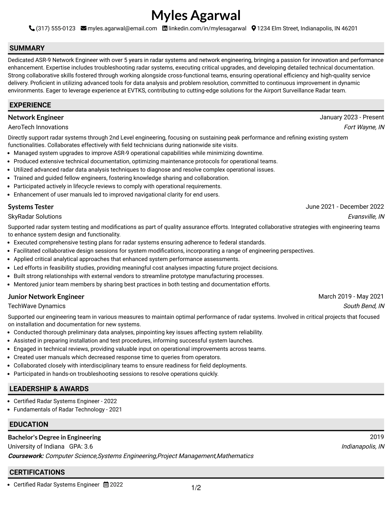 Resume Example Page 1
