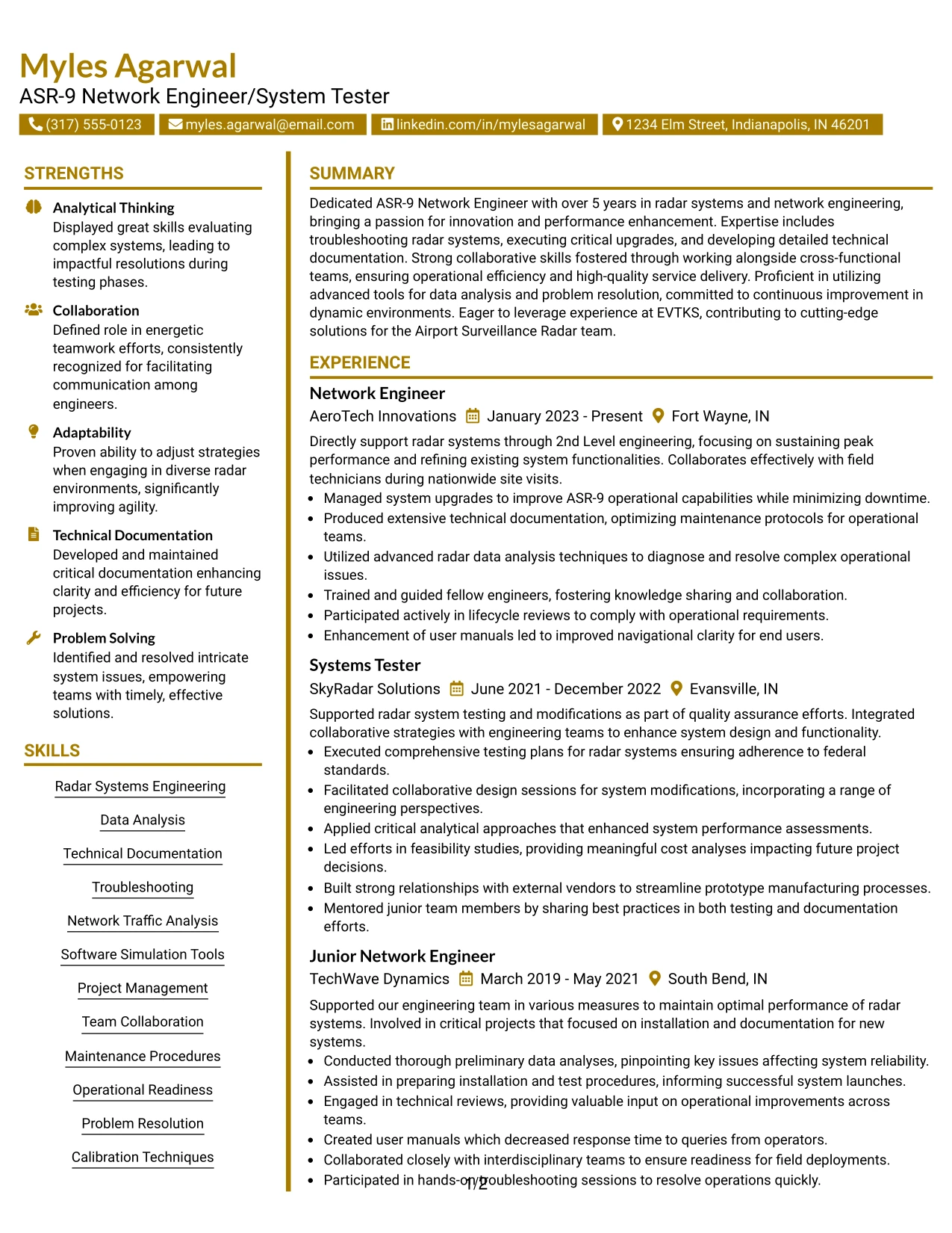 Resume Example Page 1