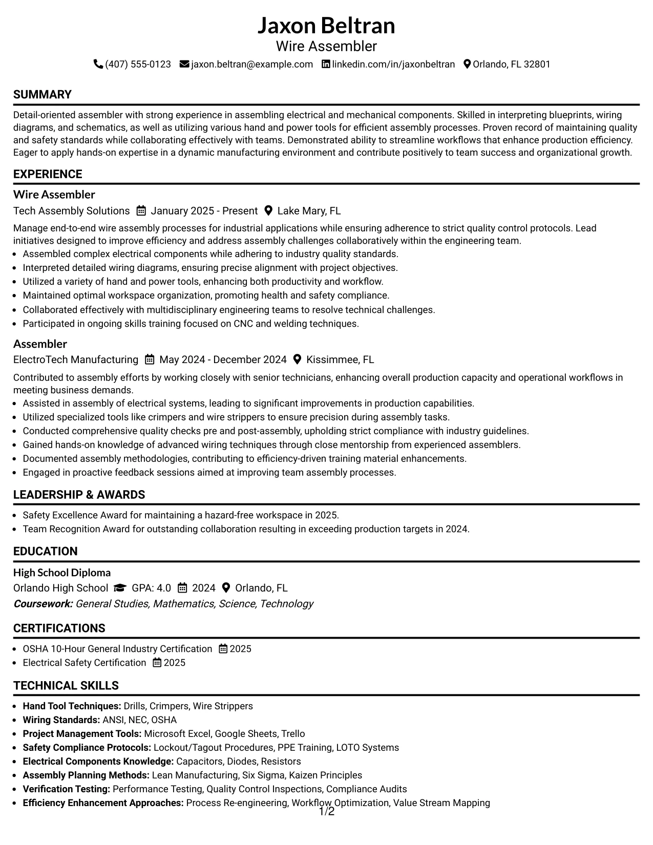 Resume Example Page 1