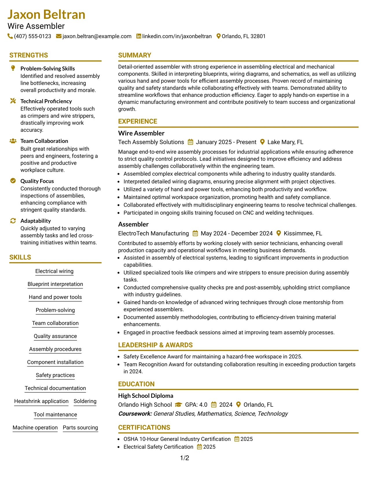 Resume Example Page 1