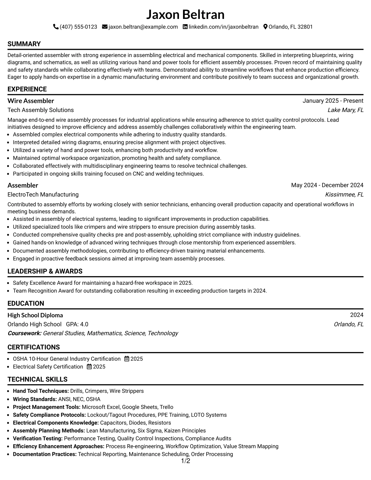 Resume Example Page 1
