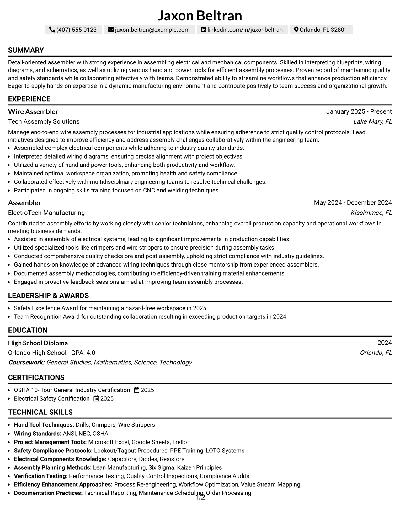 Resume Example Page 1