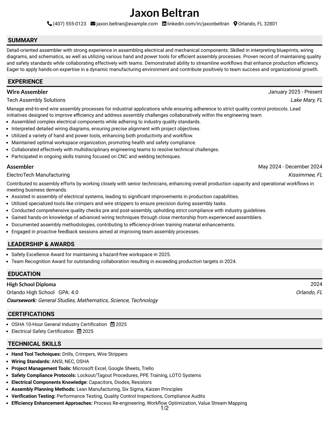 Resume Example Page 1