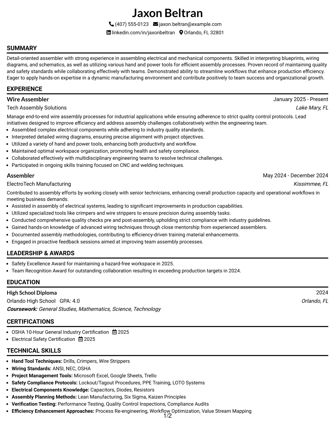 Resume Example Page 1