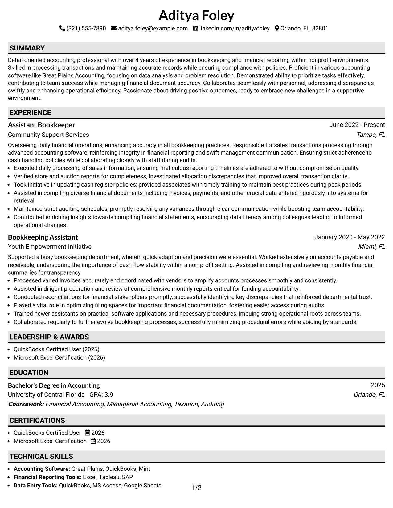 Resume Example Page 1