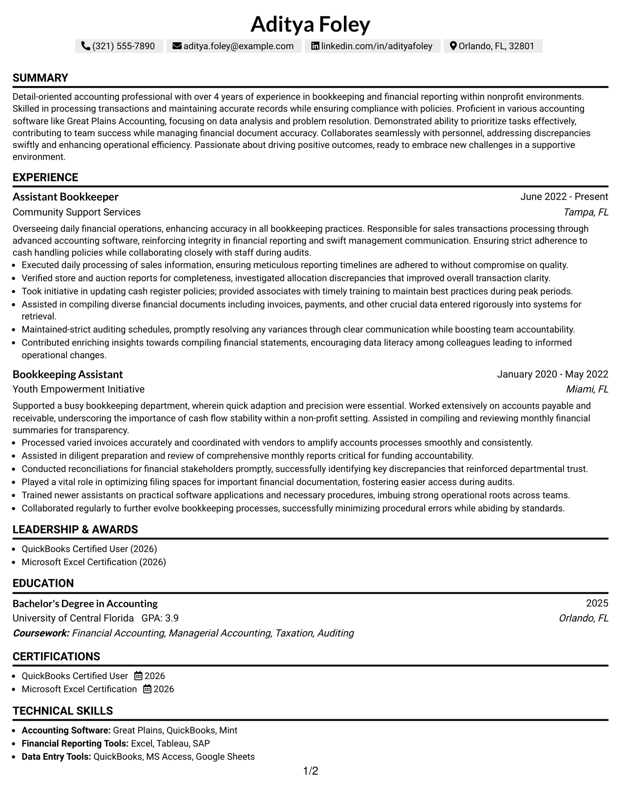 Resume Example Page 1
