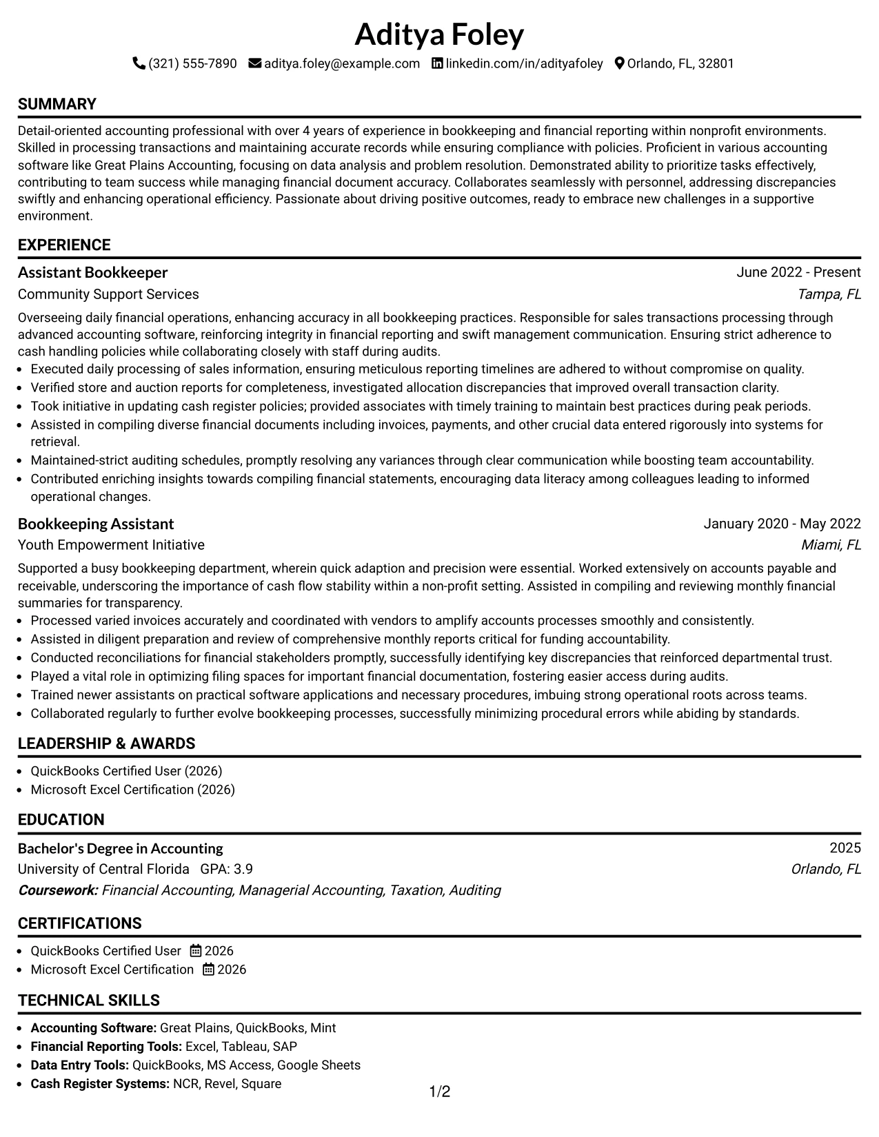 Resume Example Page 1
