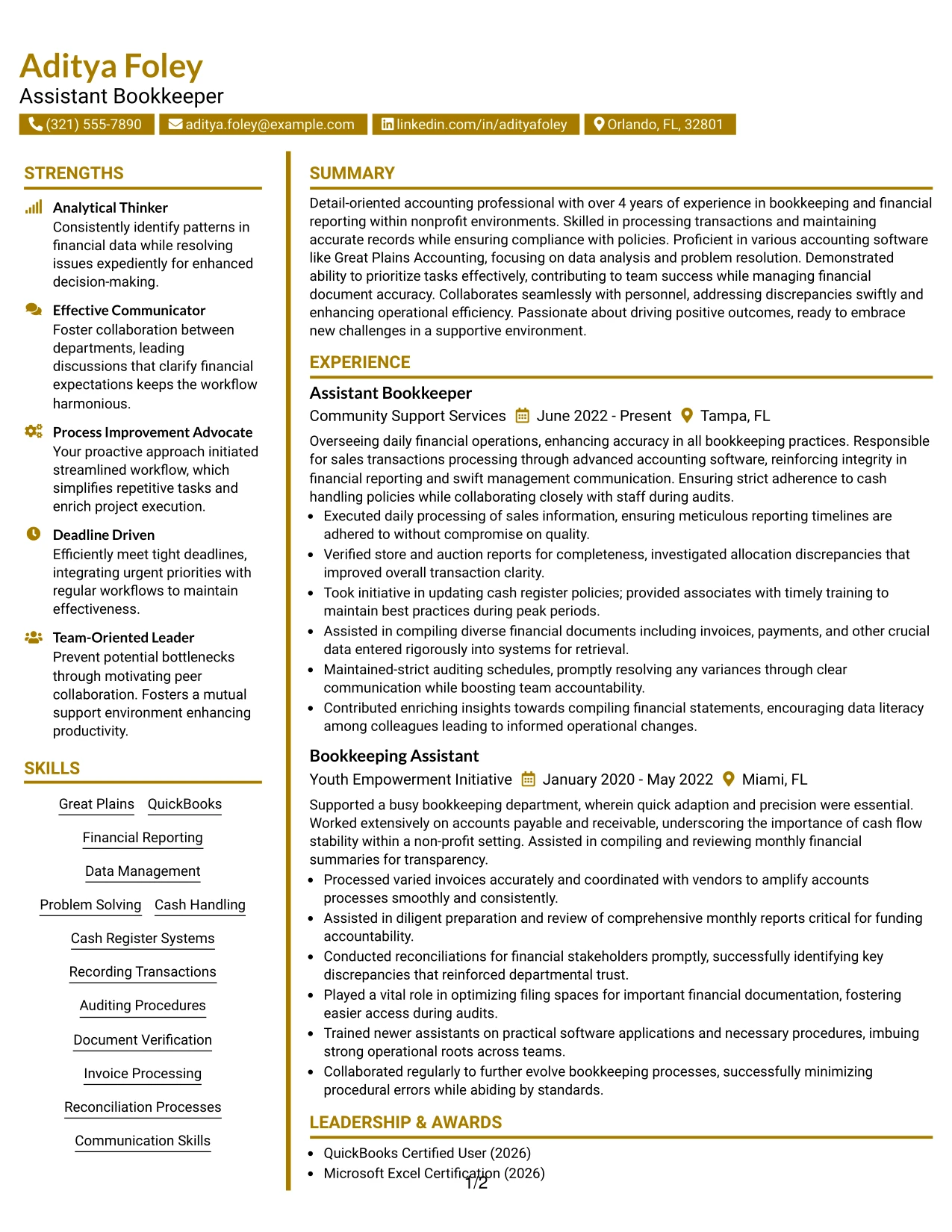 Resume Example Page 1