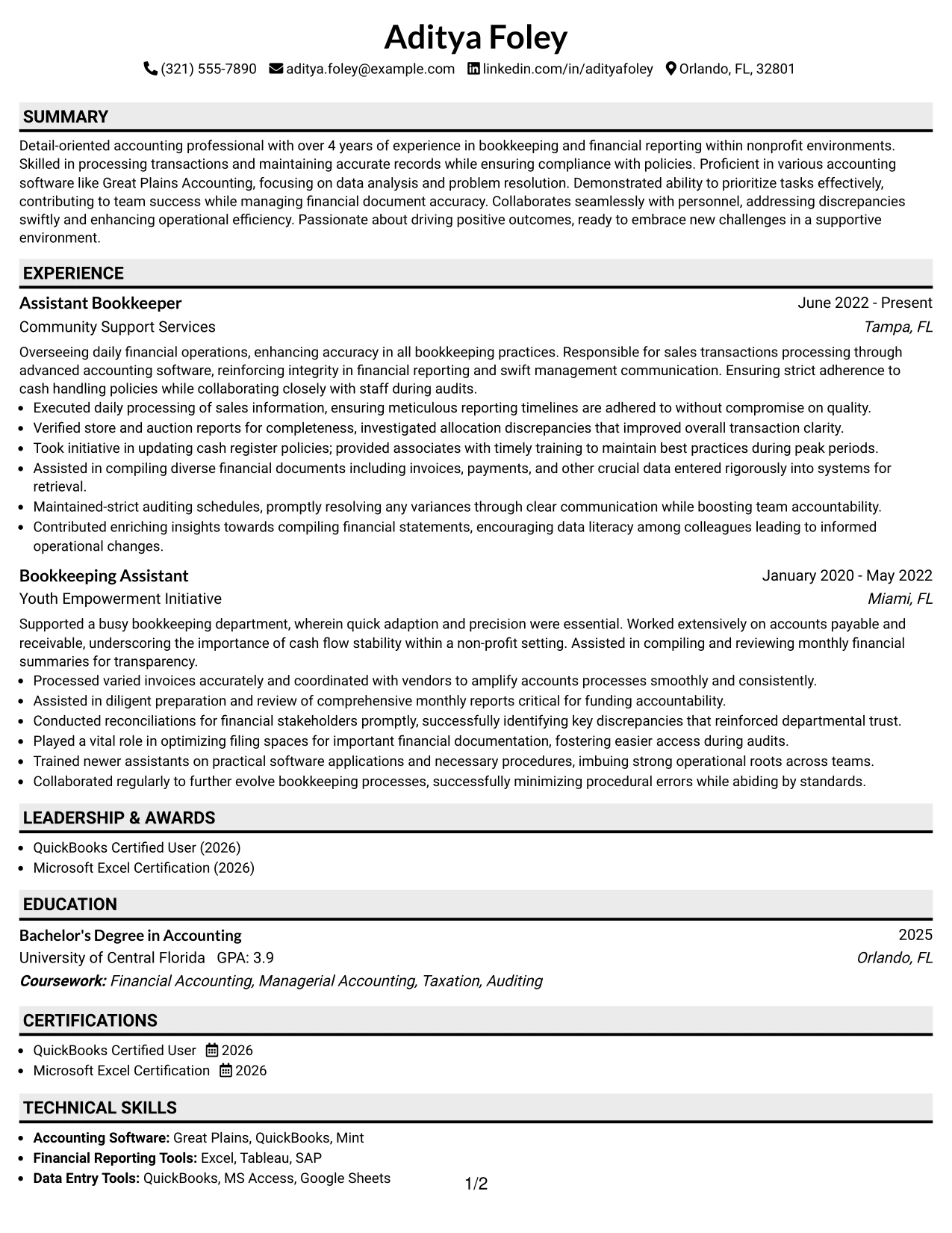 Resume Example Page 1