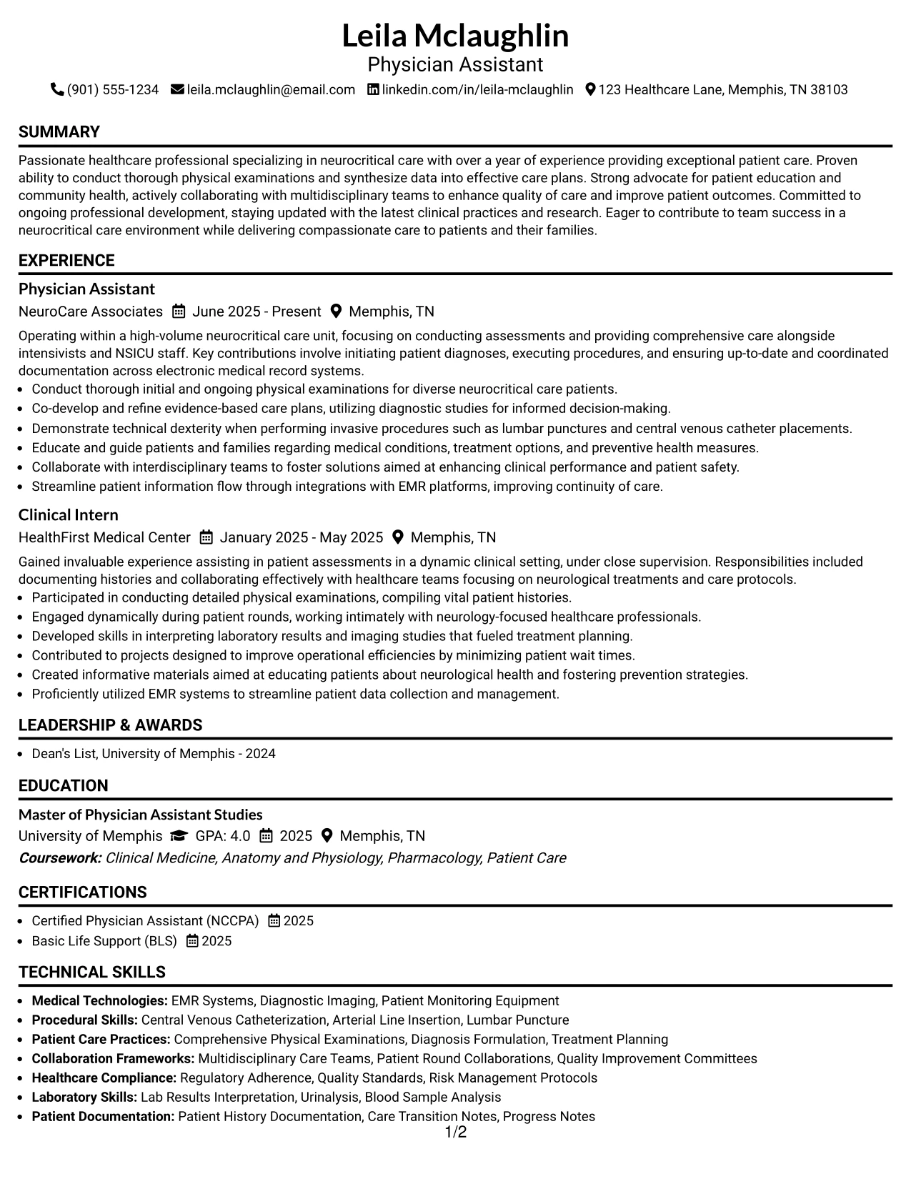Resume Example Page 1