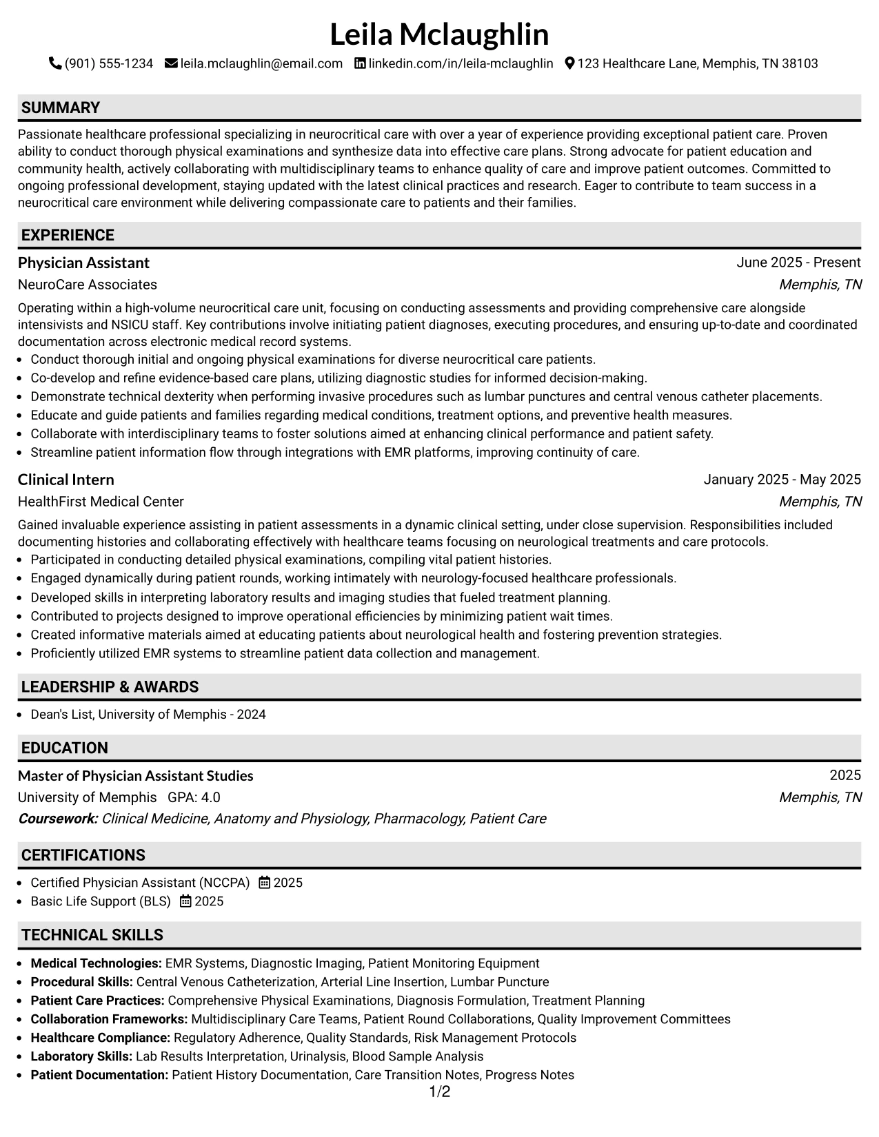 Resume Example Page 1