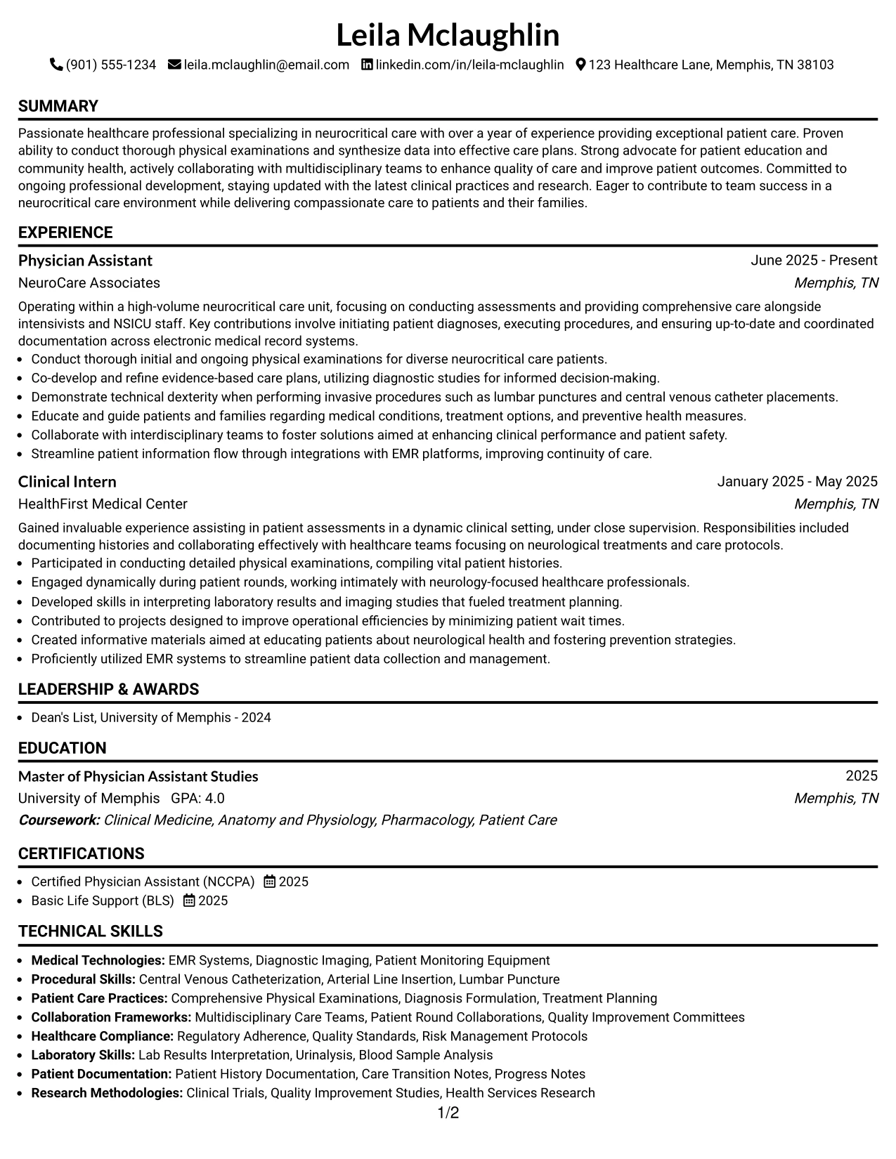 Resume Example Page 1