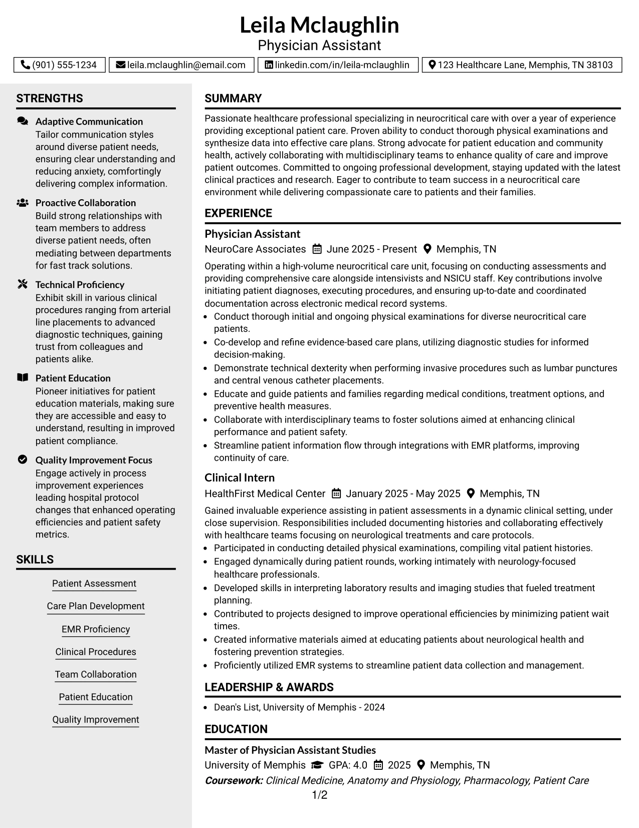 Resume Example Page 1
