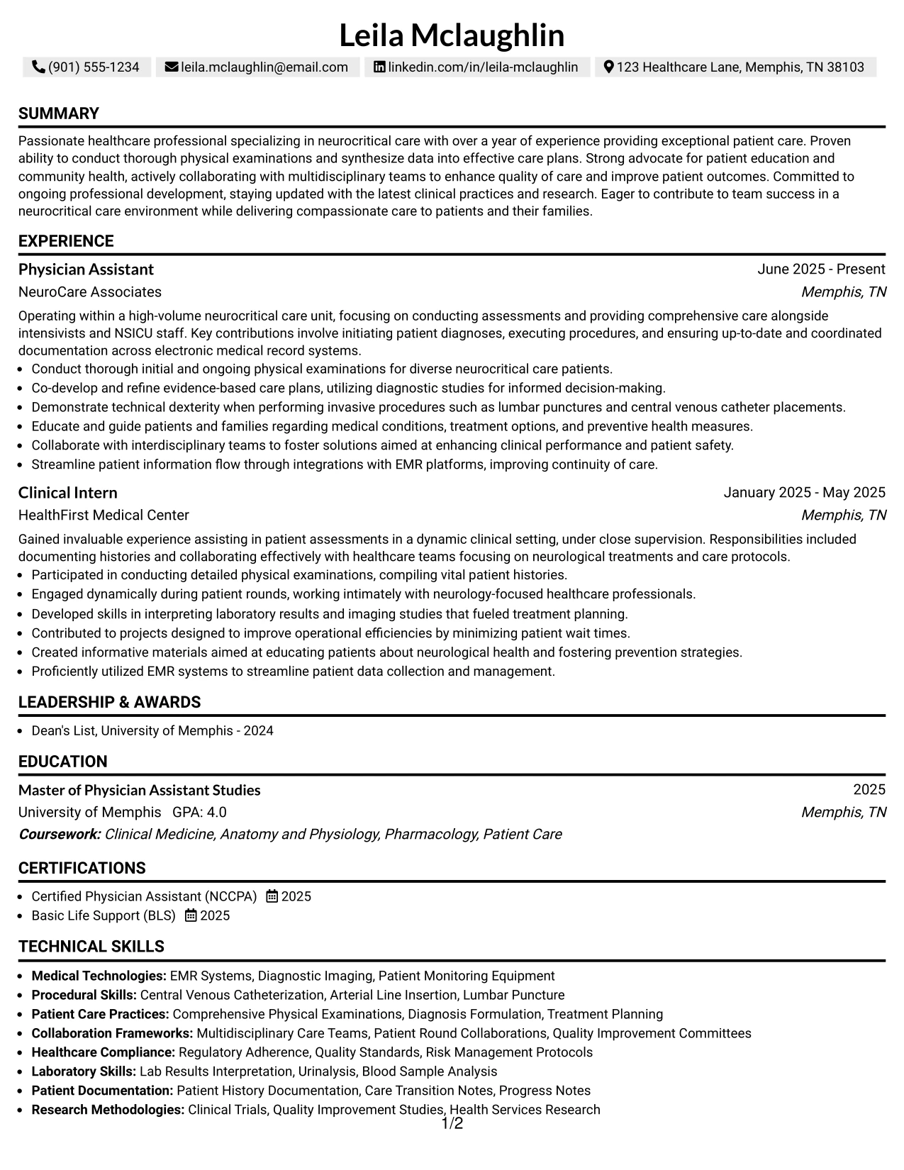 Resume Example Page 1