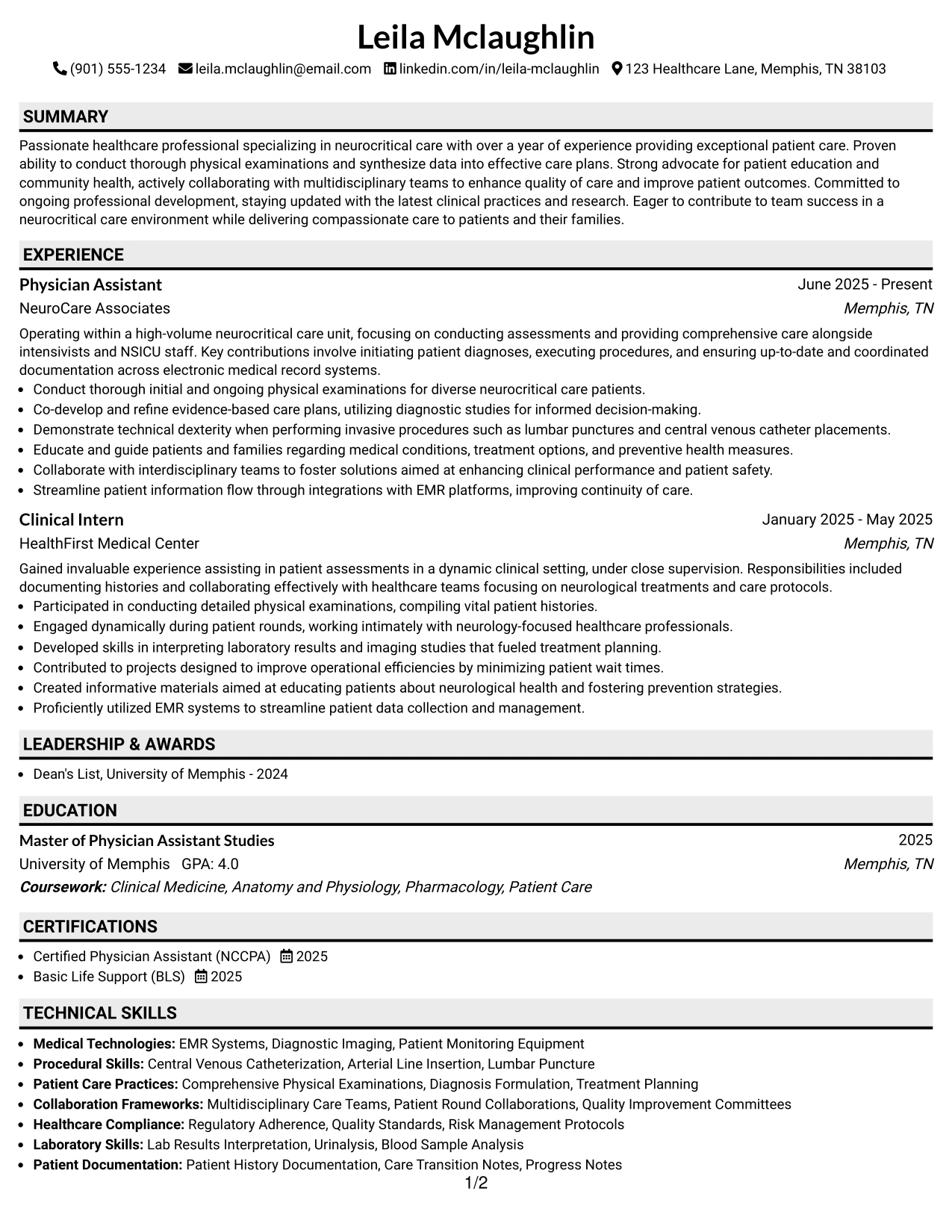 Resume Example Page 1