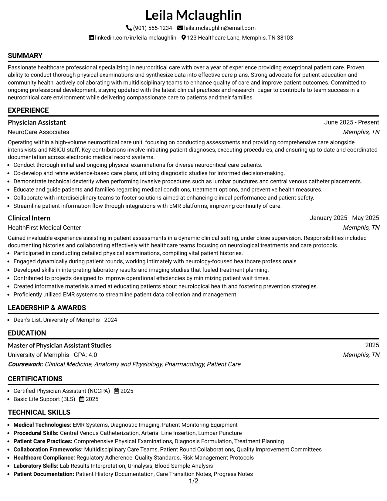Resume Example Page 1