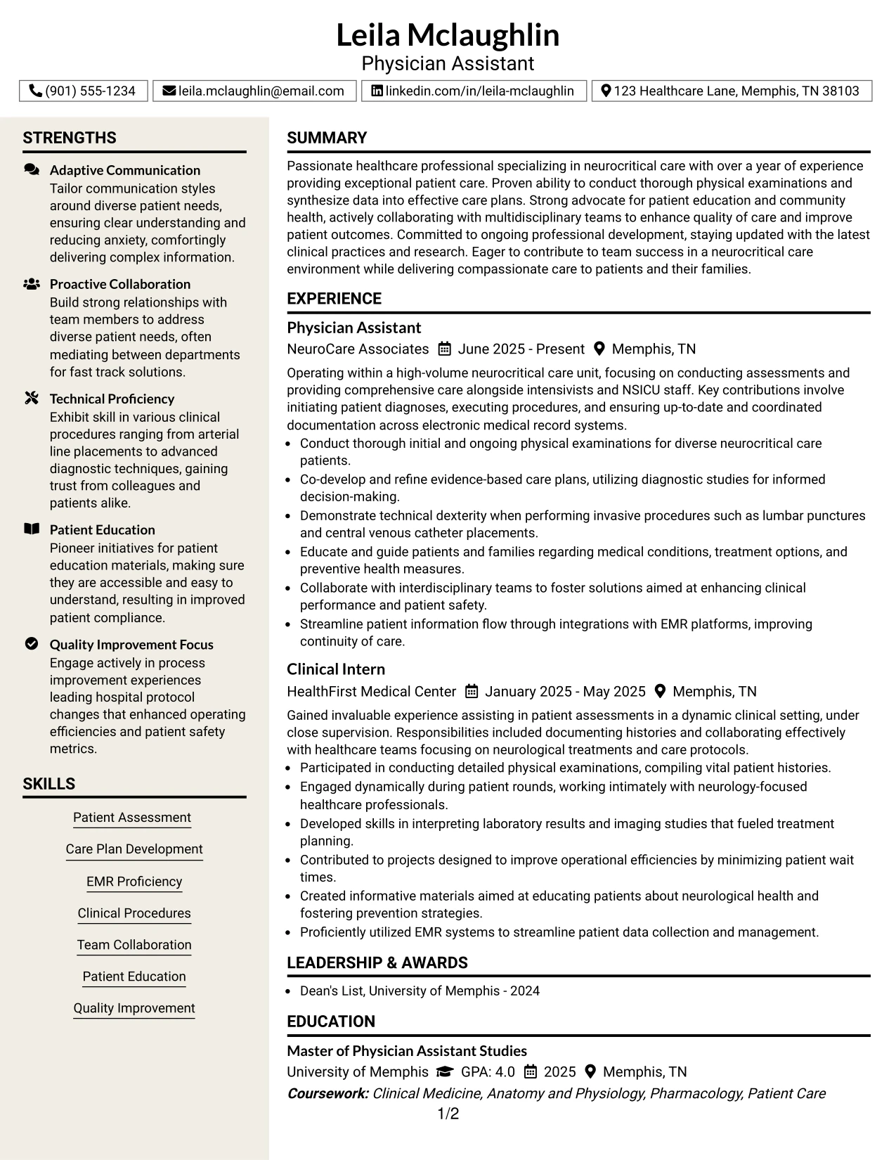 Resume Example Page 1