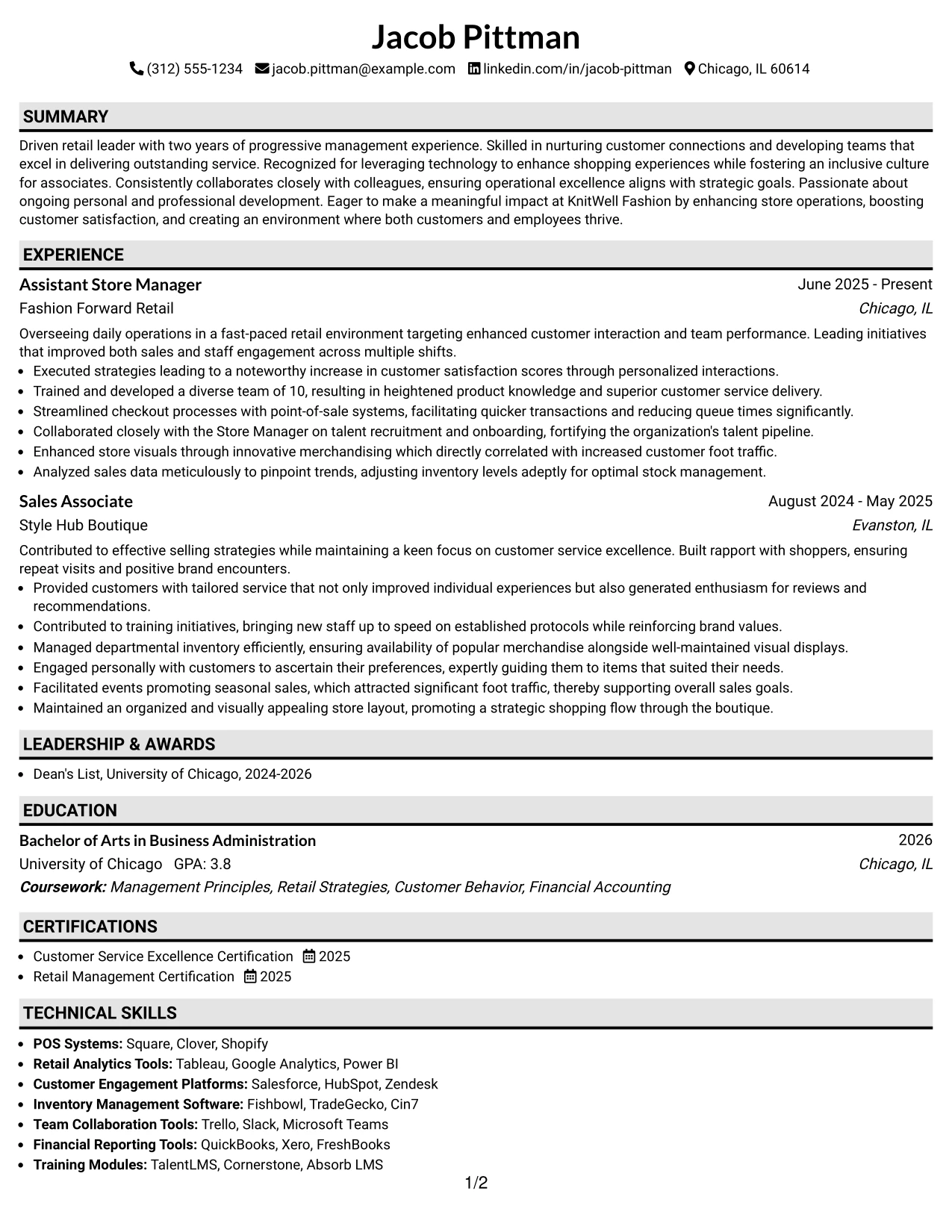 Resume Example Page 1