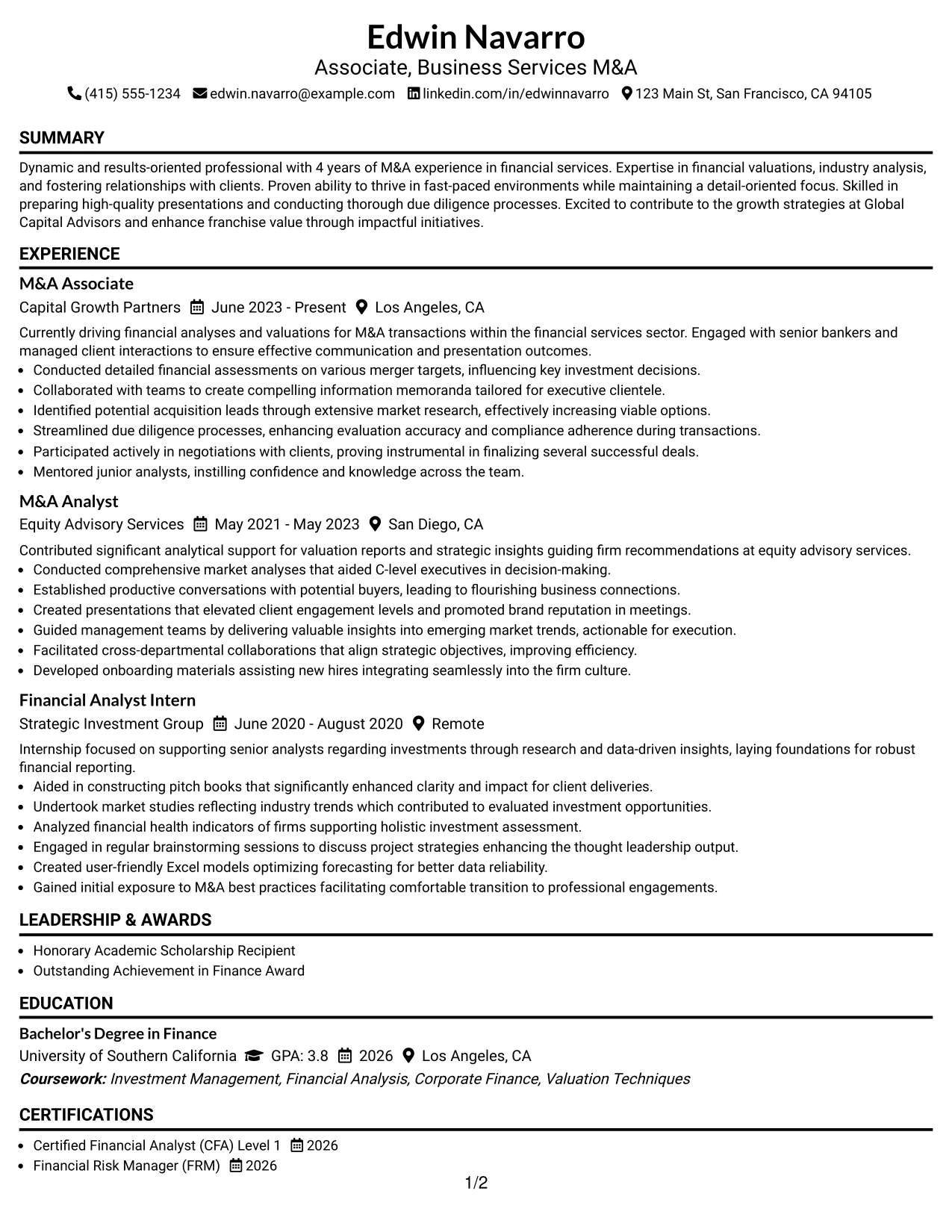 Resume Example Page 1