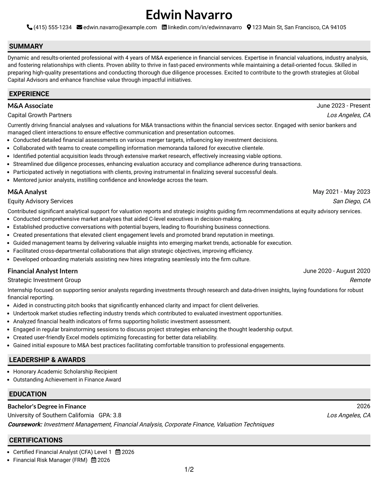 Resume Example Page 1
