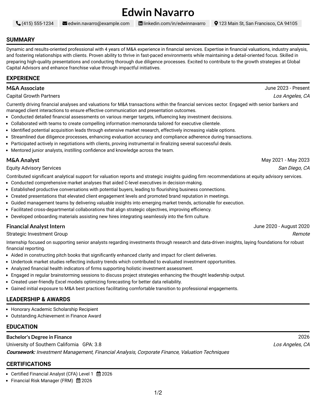 Resume Example Page 1