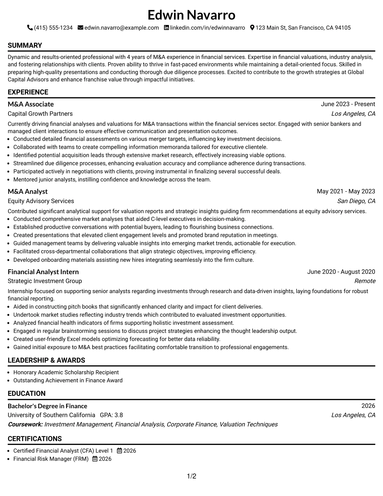 Resume Example Page 1