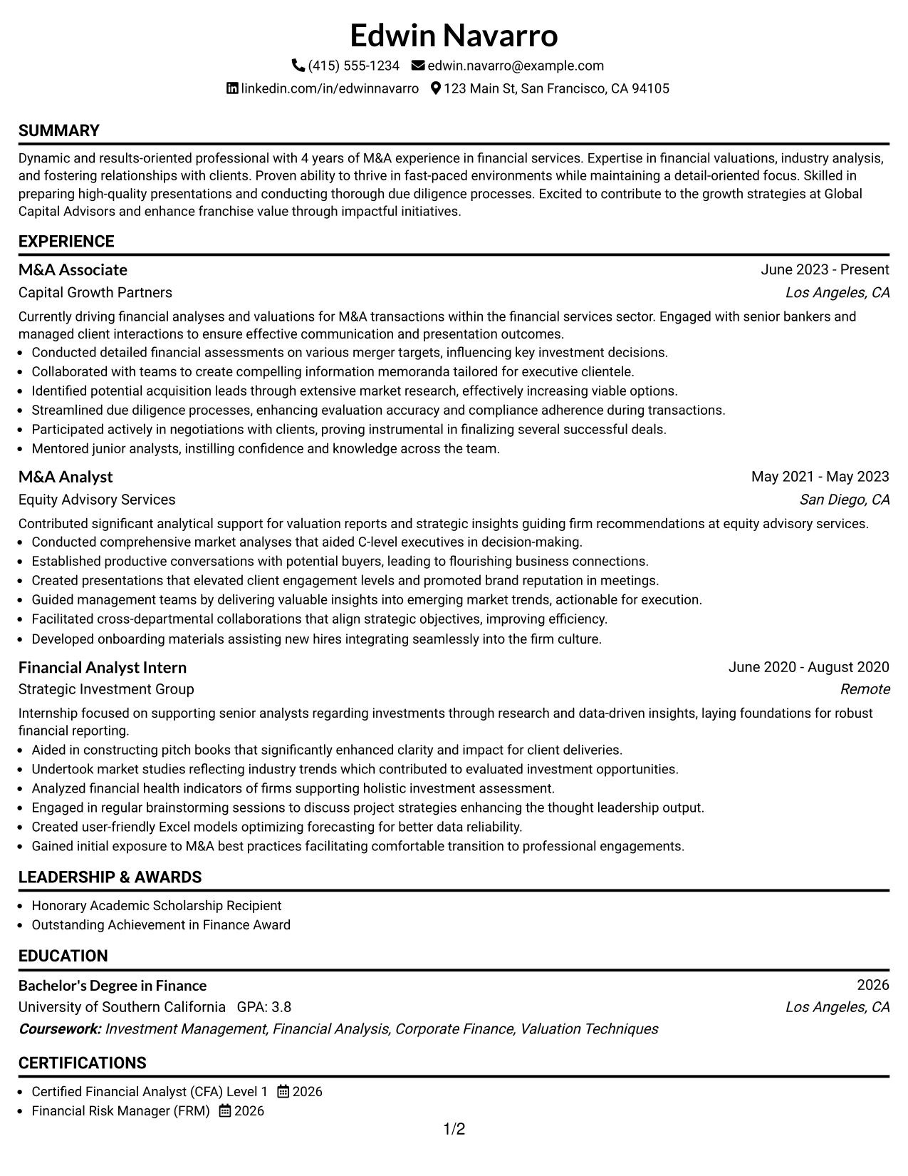 Resume Example Page 1