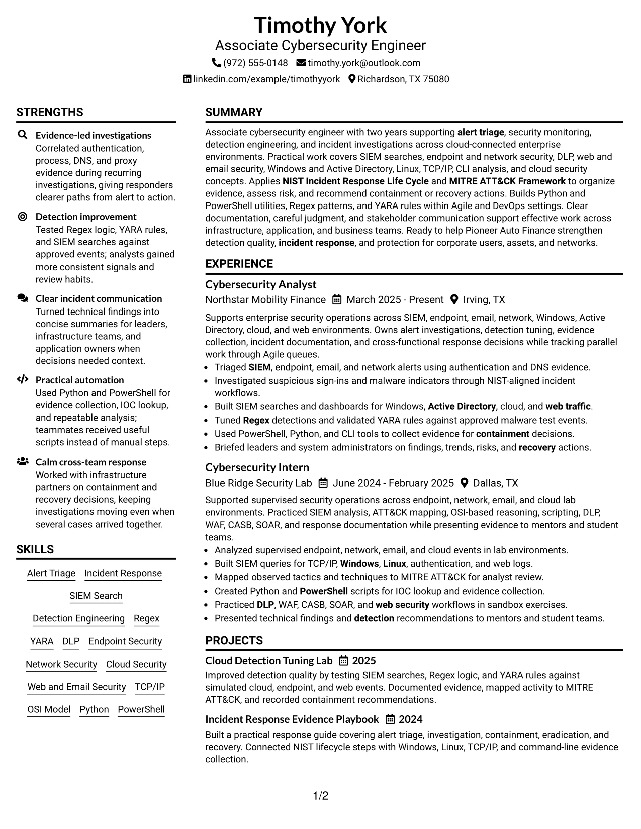 Resume Example Page 1