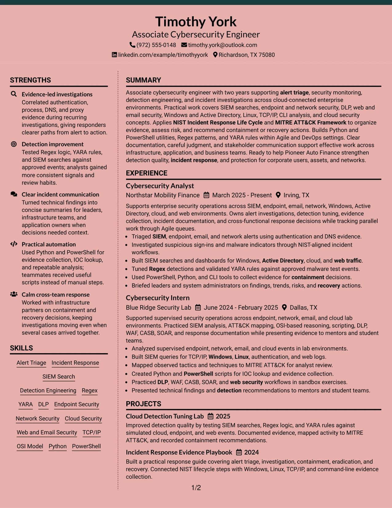 Resume Example Page 1