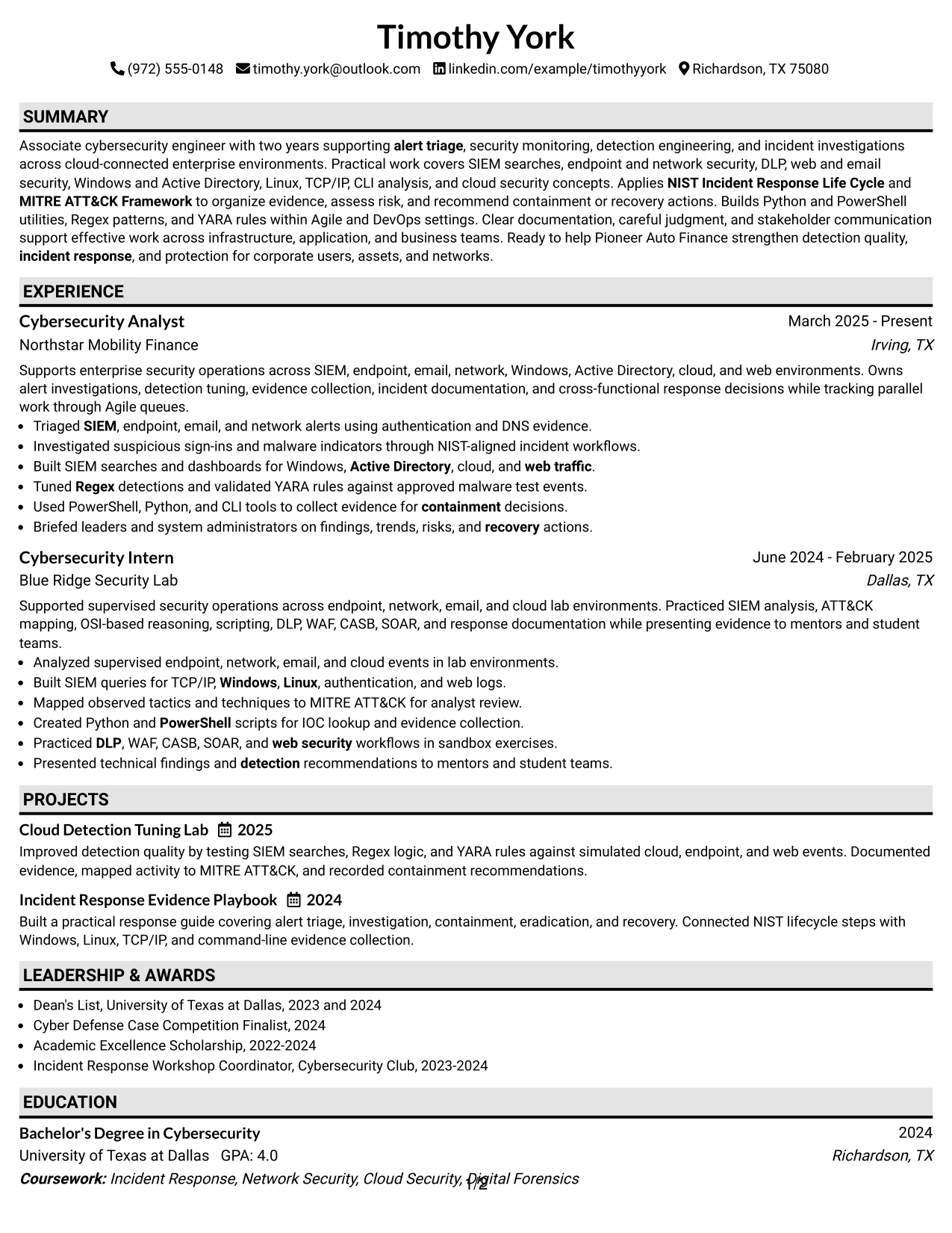 Resume Example Page 1