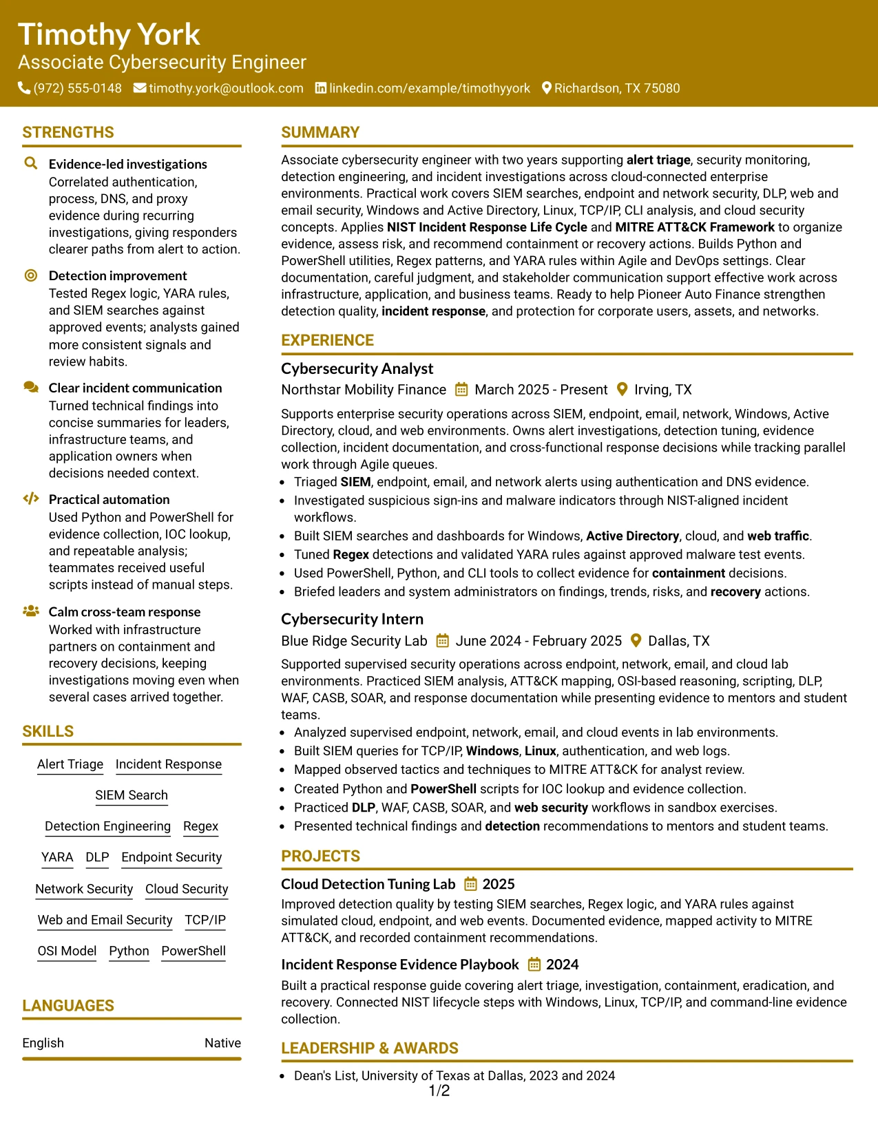 Resume Example Page 1