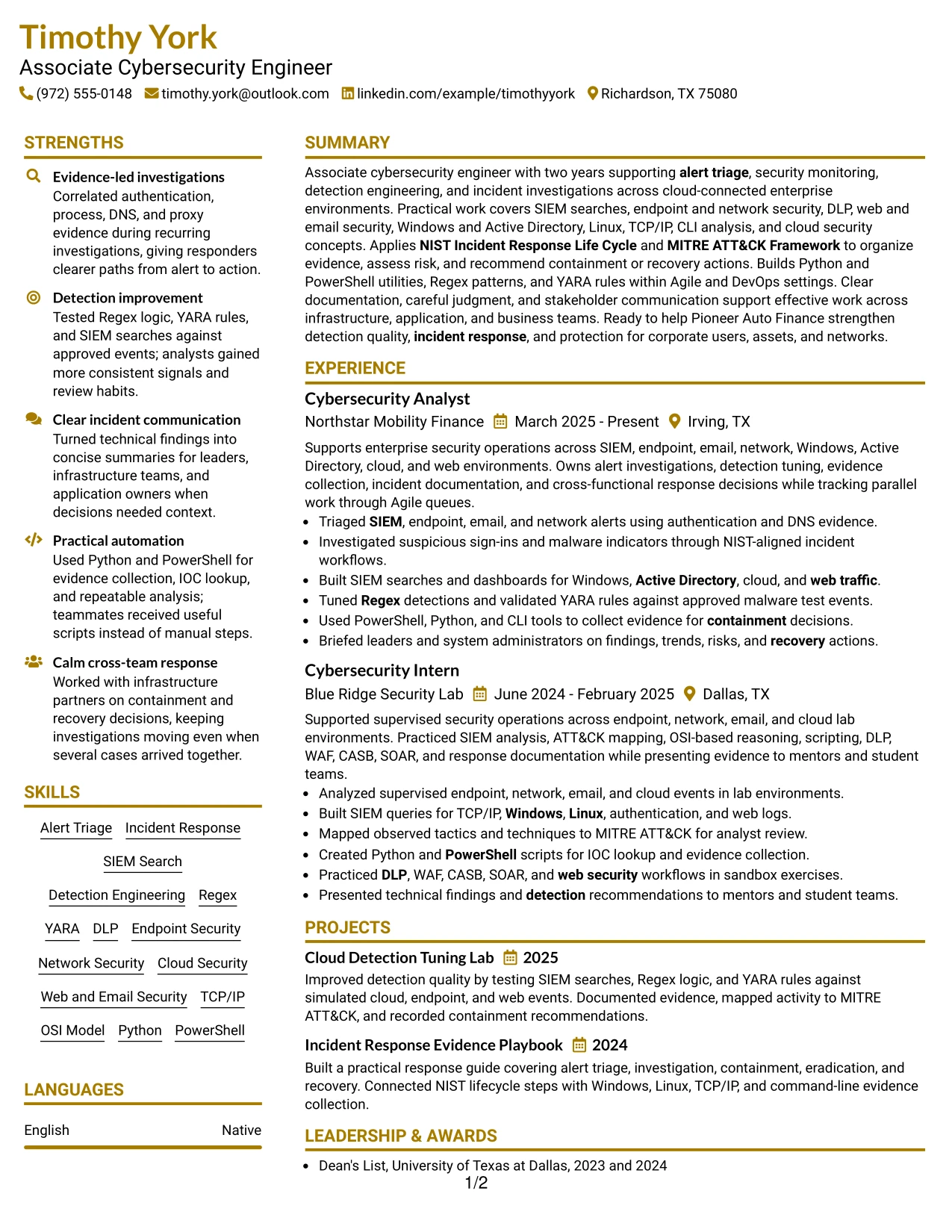 Resume Example Page 1