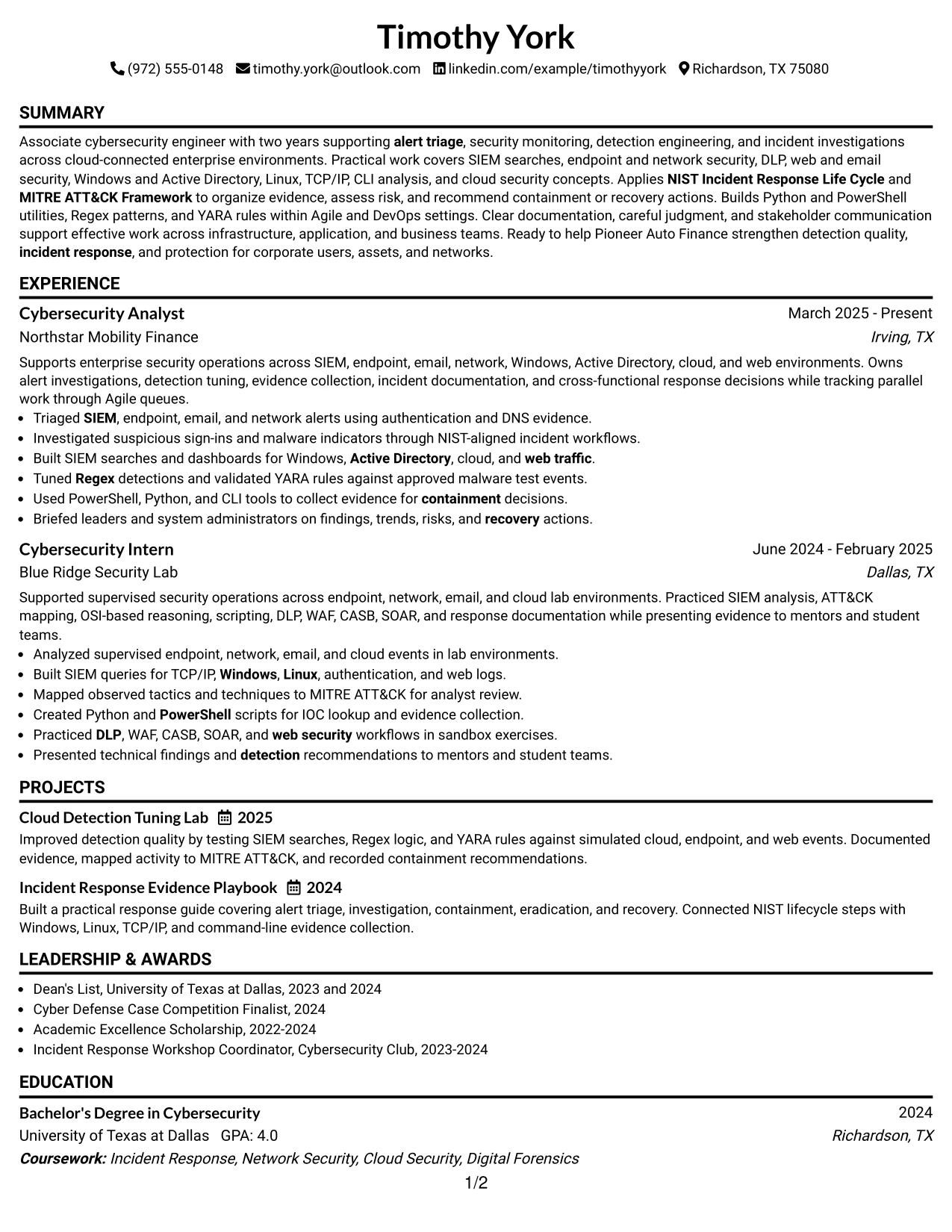 Resume Example Page 1
