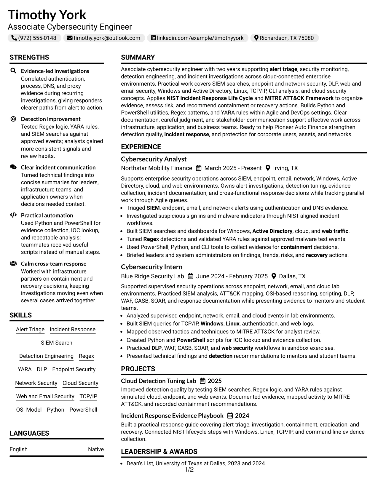 Resume Example Page 1