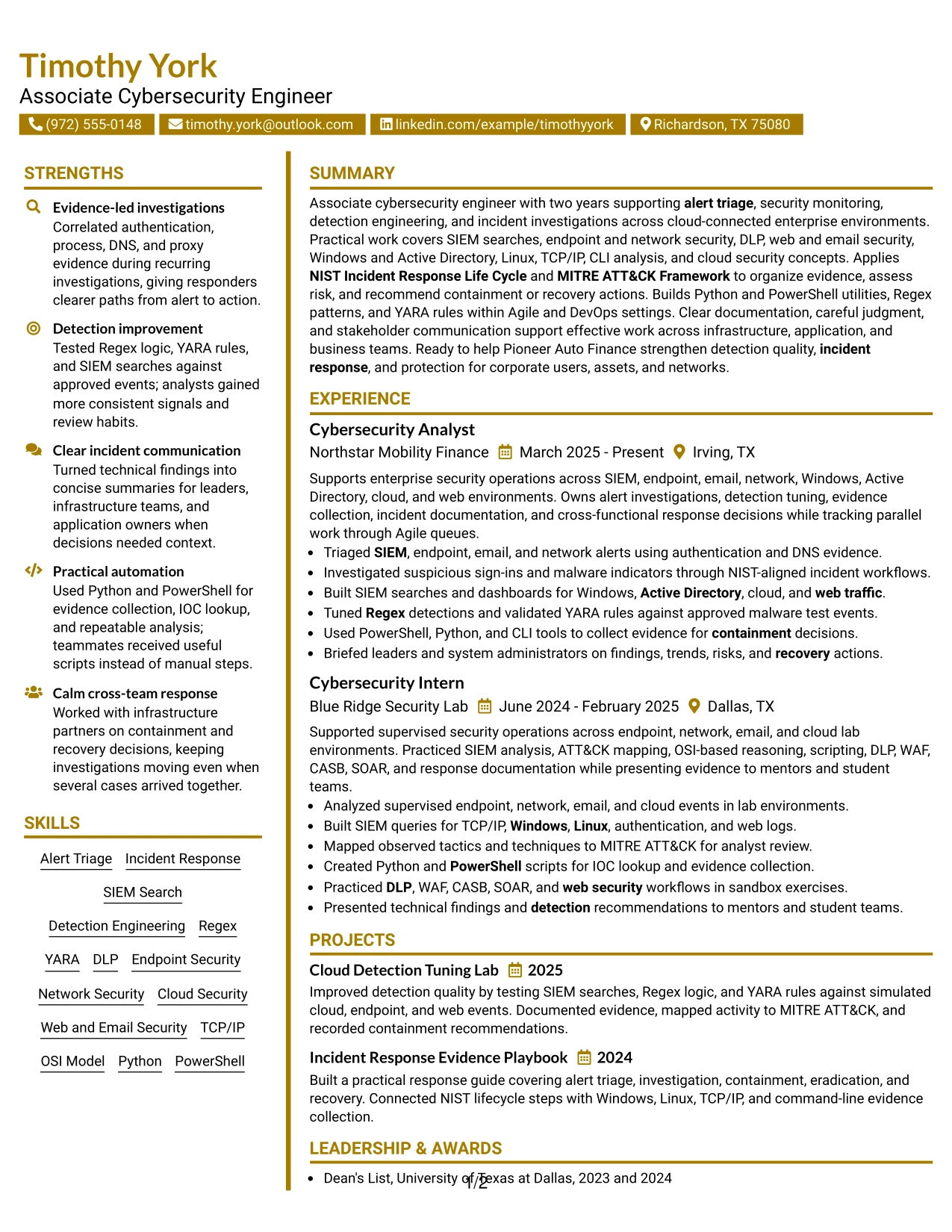 Resume Example Page 1