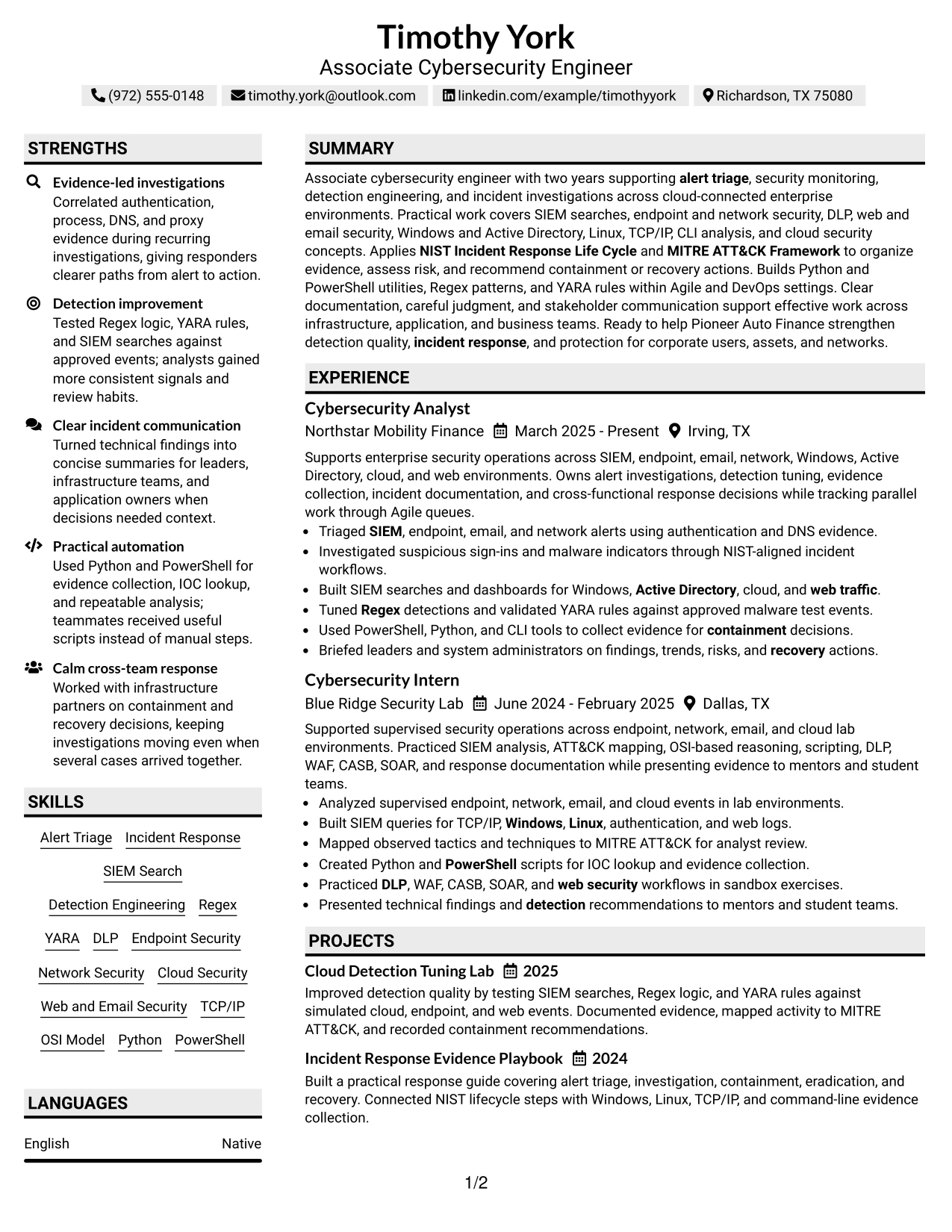 Resume Example Page 1