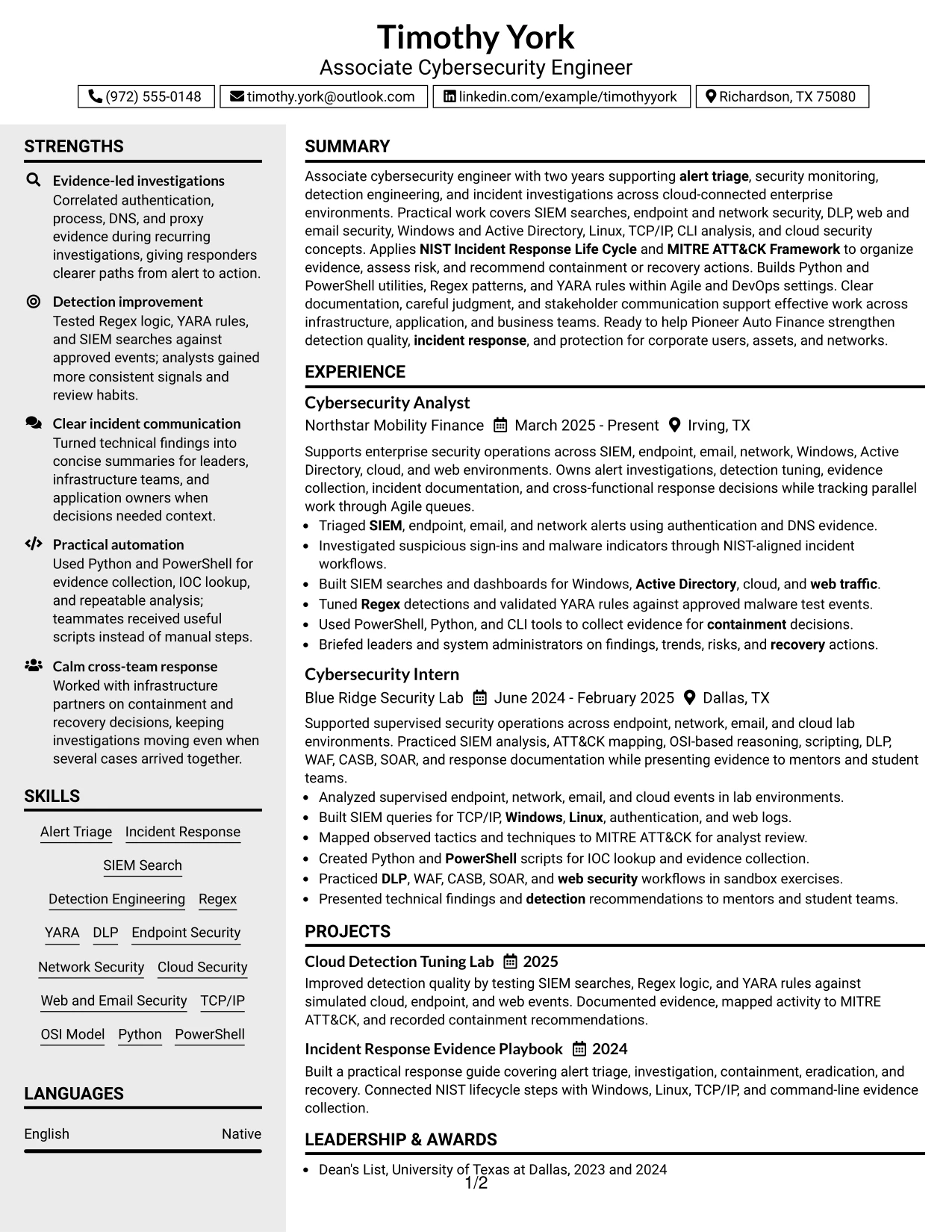 Resume Example Page 1