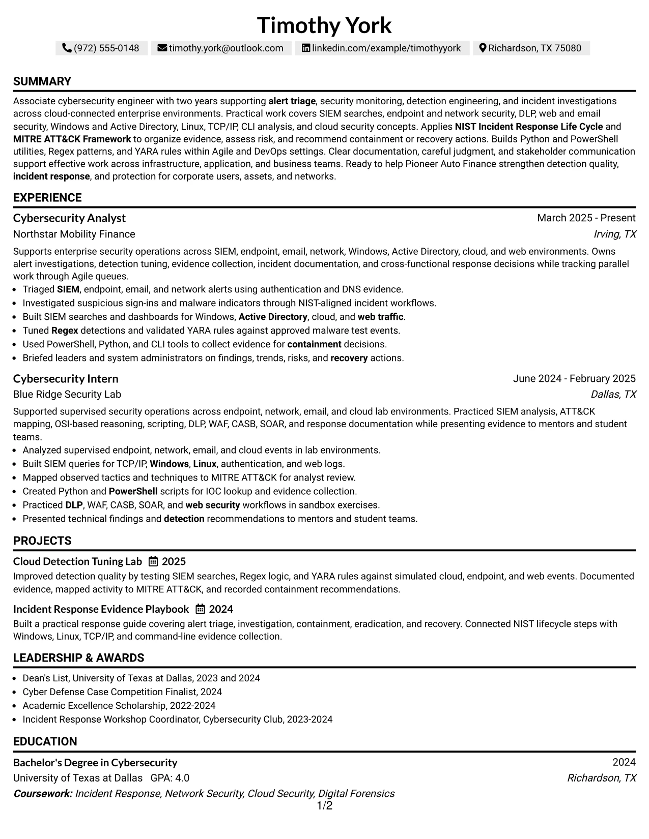 Resume Example Page 1