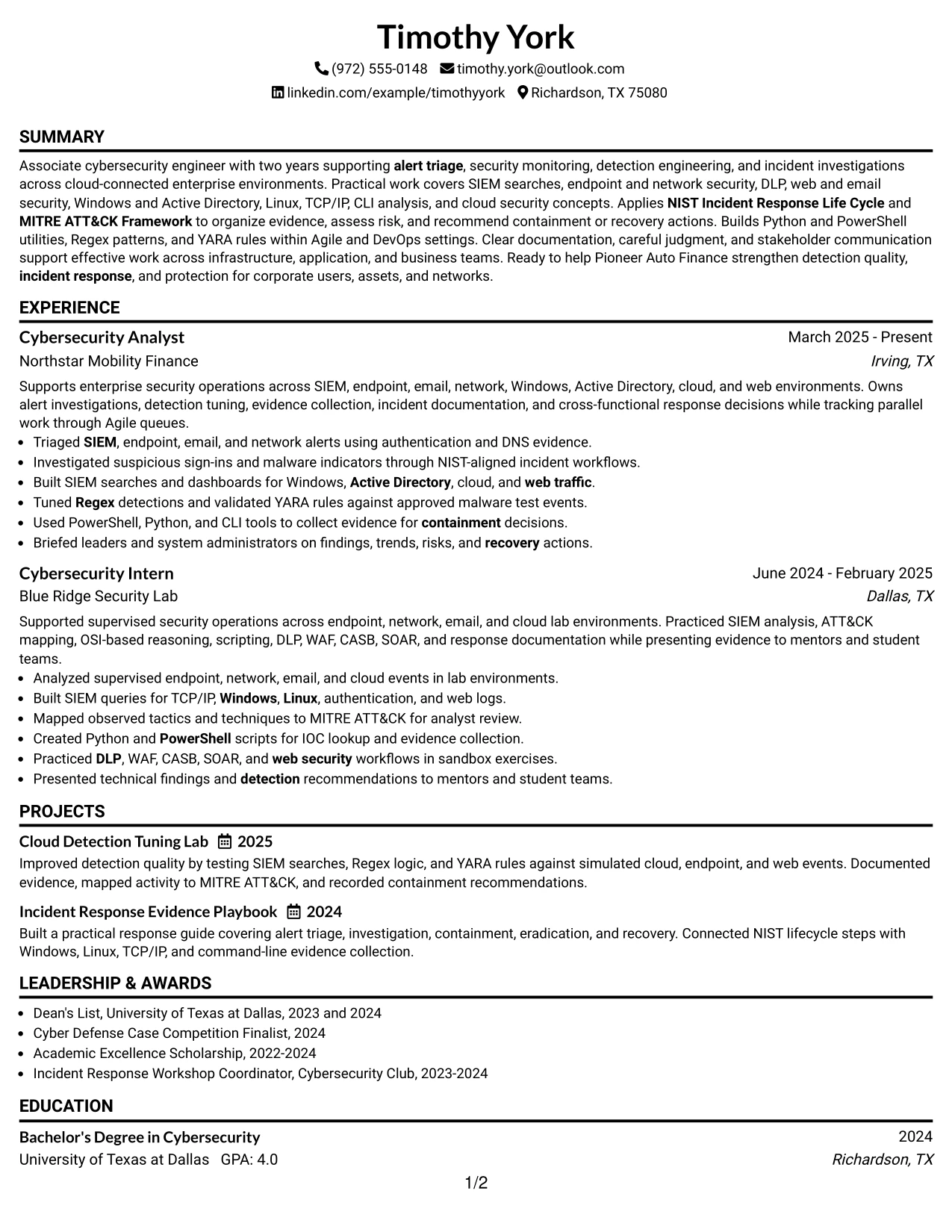 Resume Example Page 1