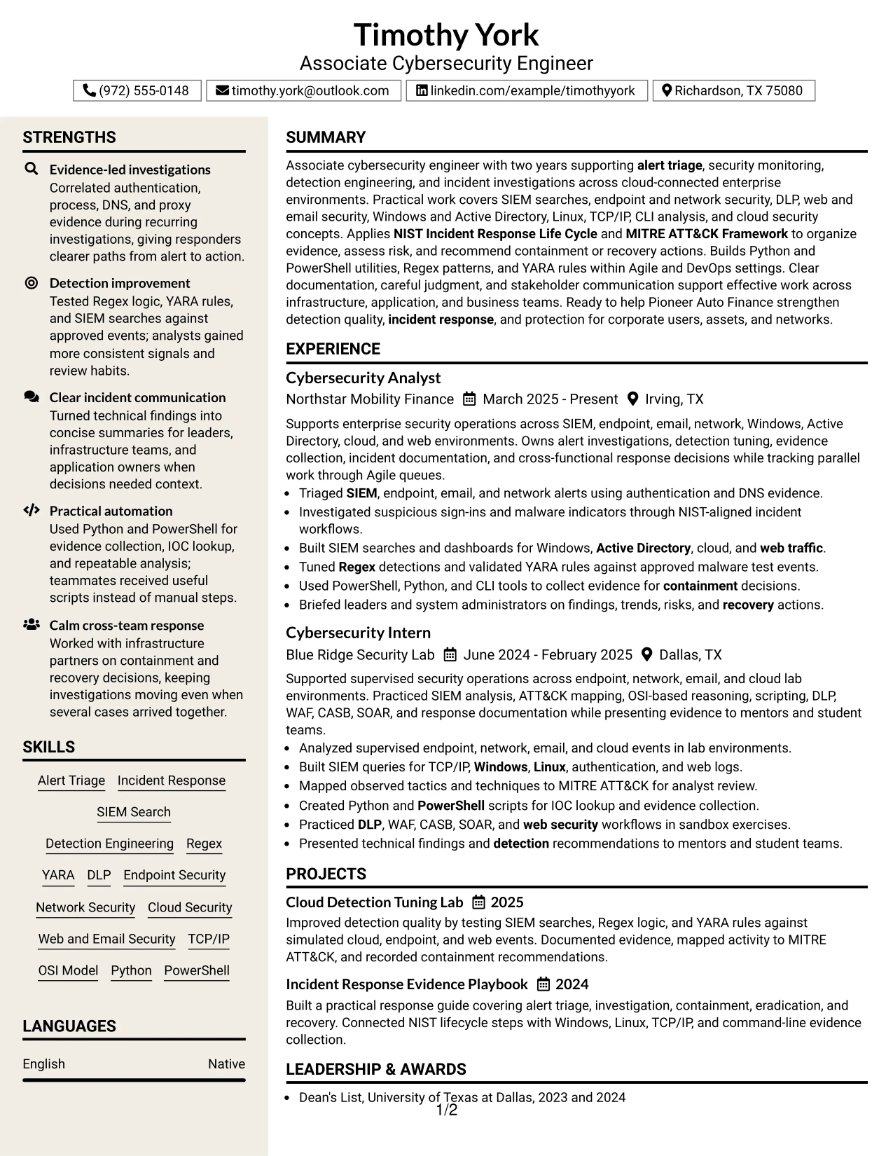 Resume Example Page 1
