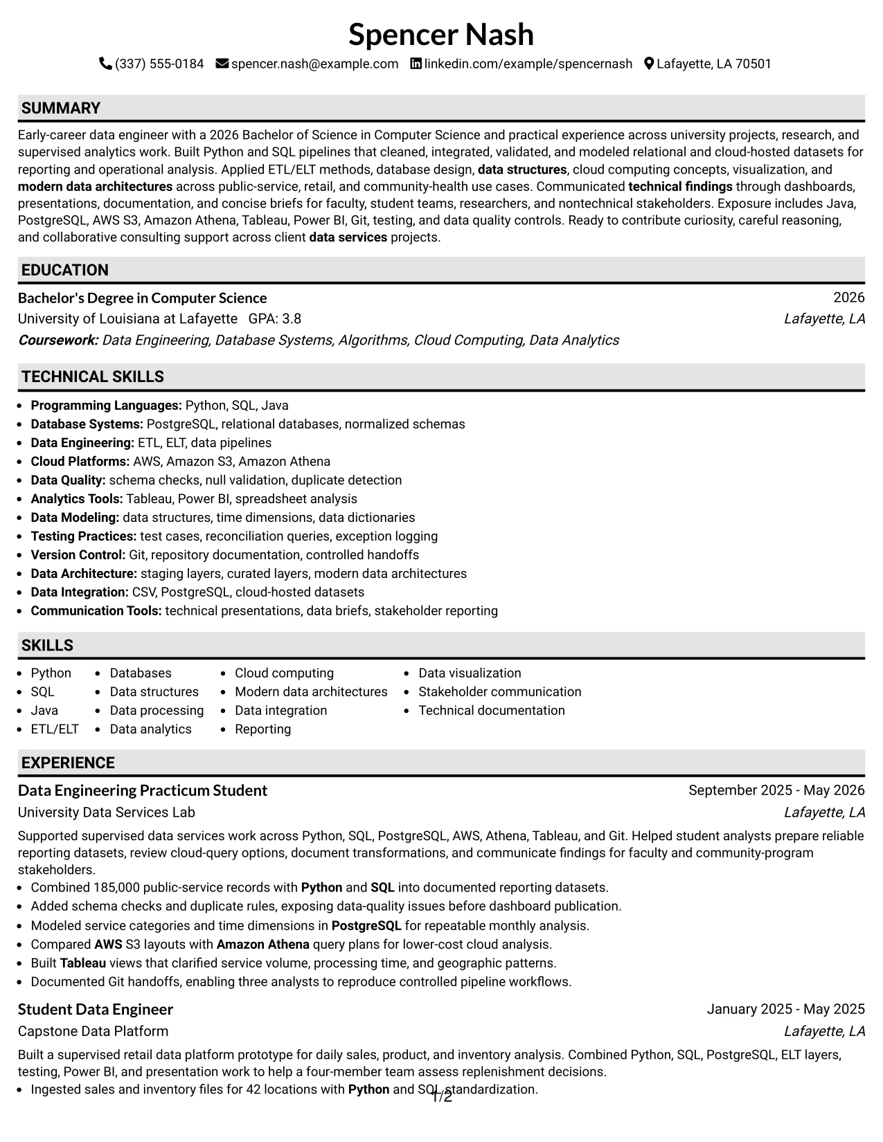 Resume Example Page 1