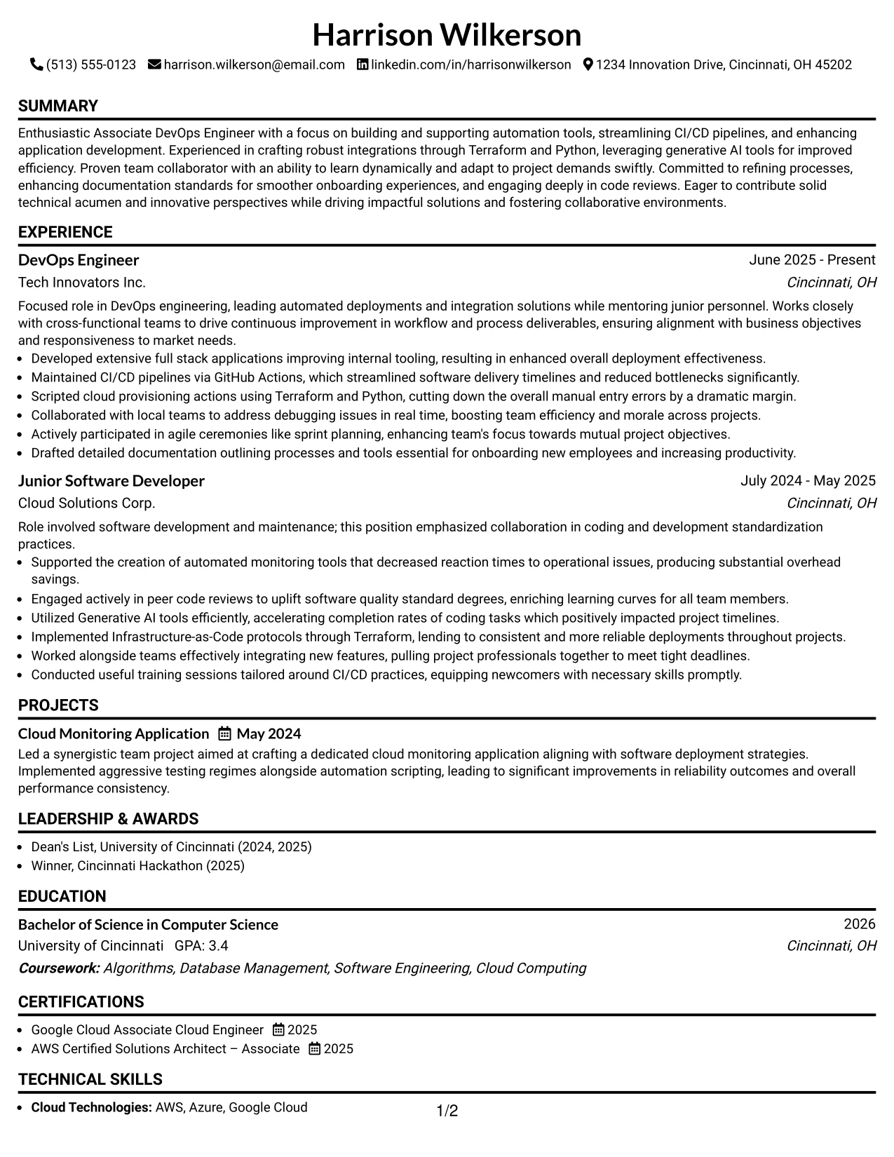 Resume Example Page 1