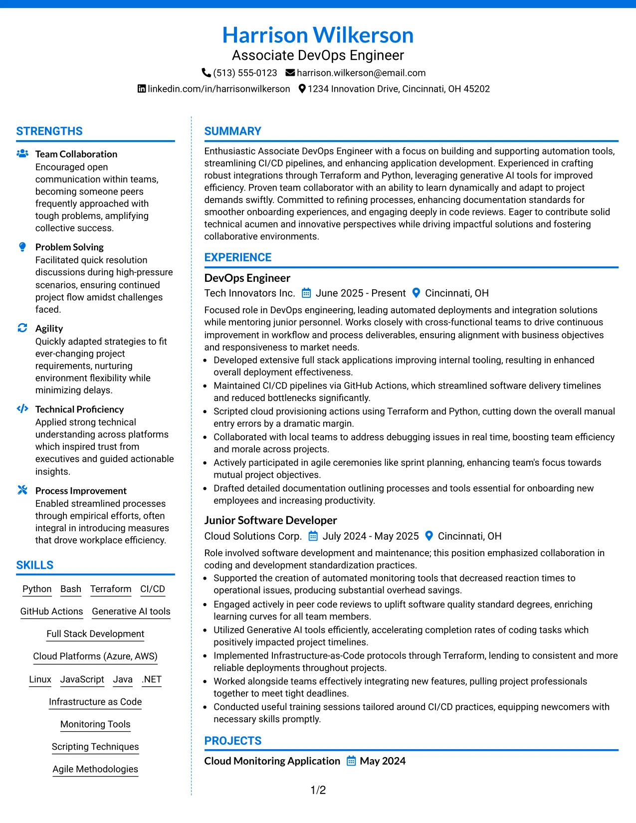 Resume Example Page 1