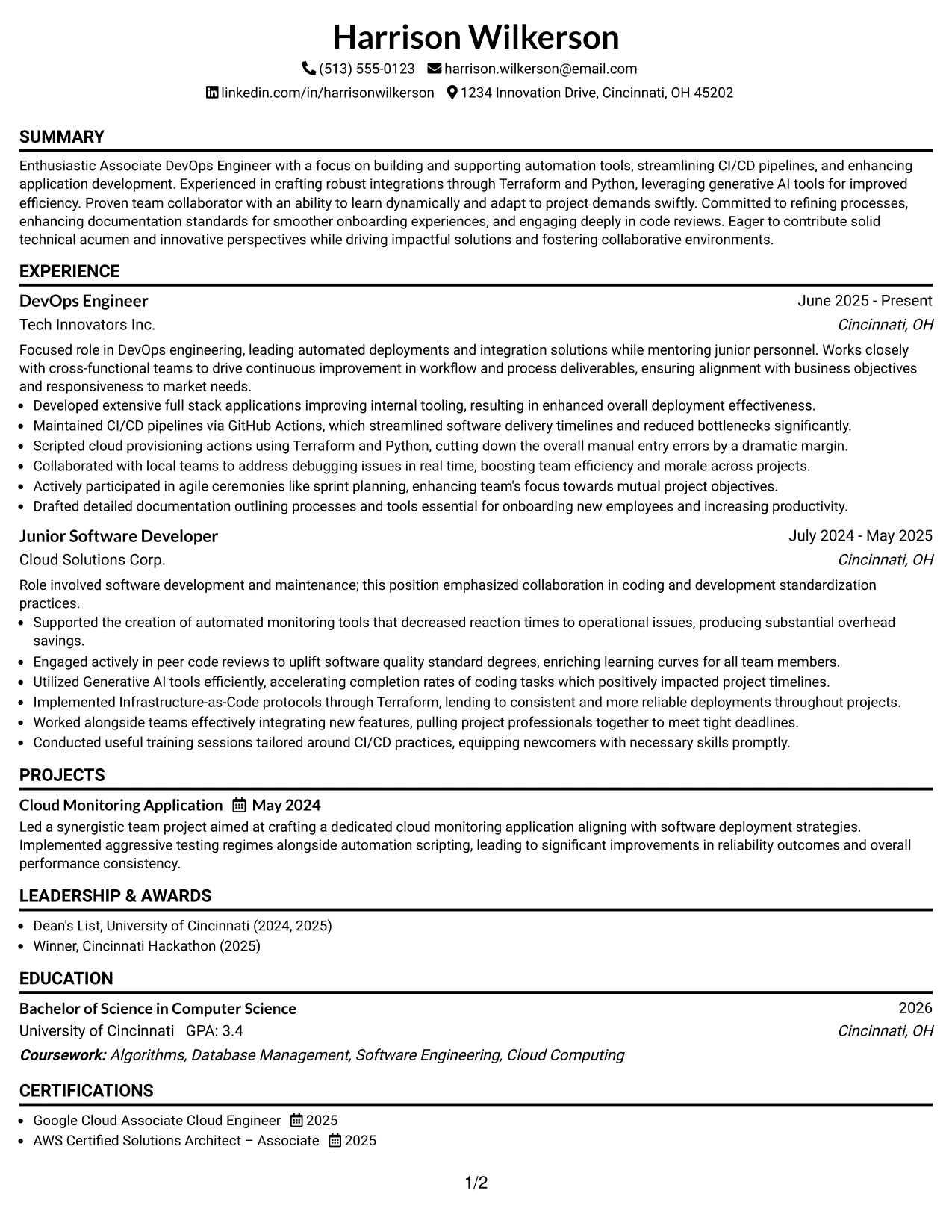 Resume Example Page 1