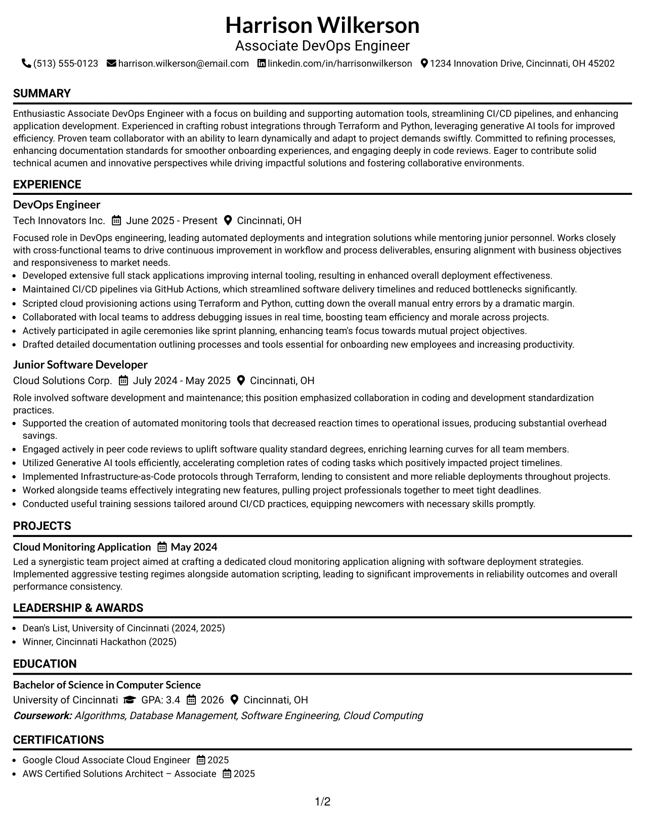 Resume Example Page 1