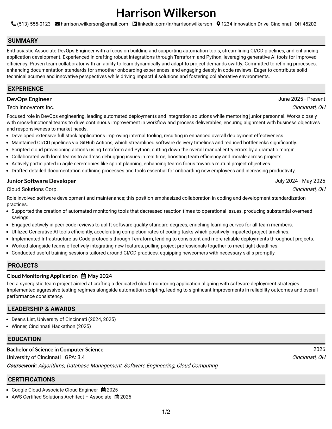 Resume Example Page 1