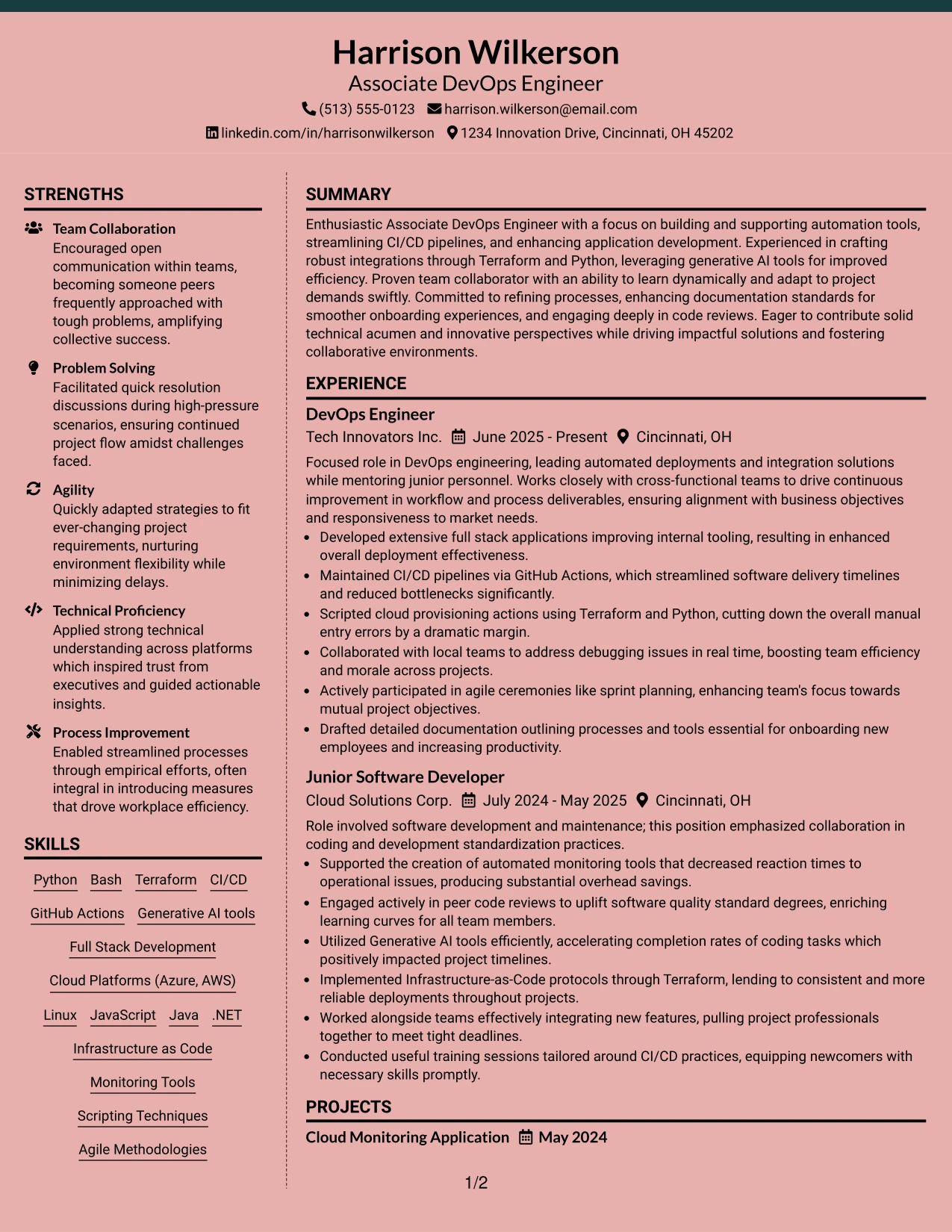 Resume Example Page 1