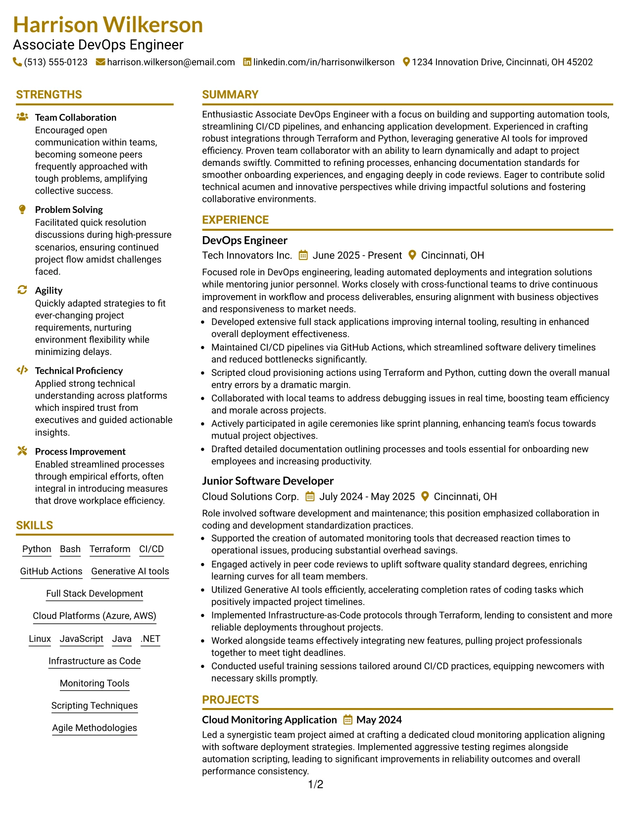 Resume Example Page 1