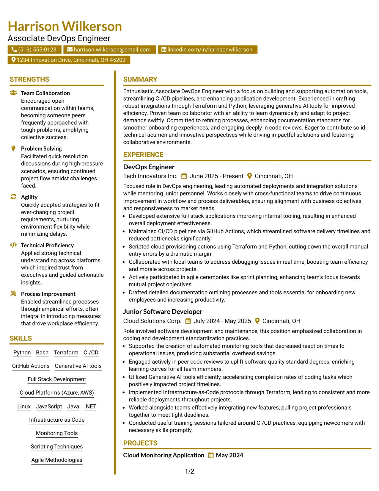 Resume Example Page 1