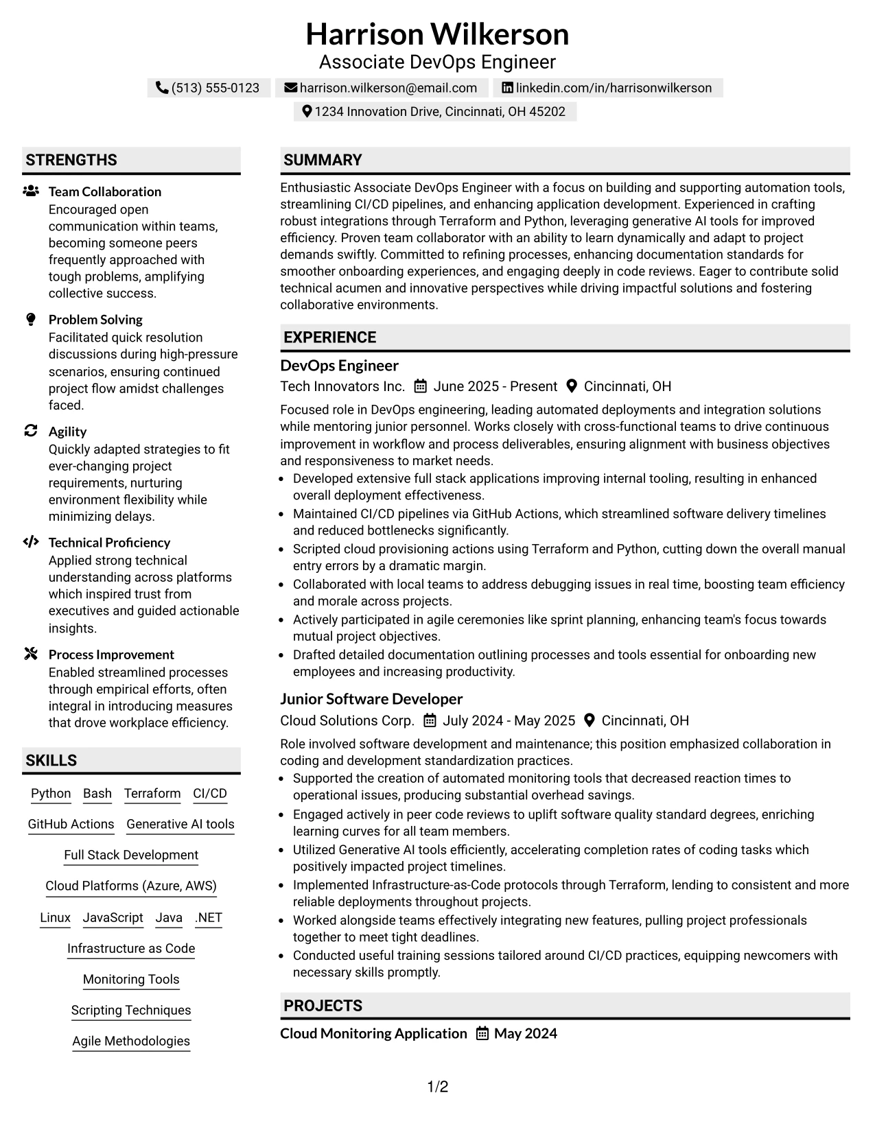 Resume Example Page 1
